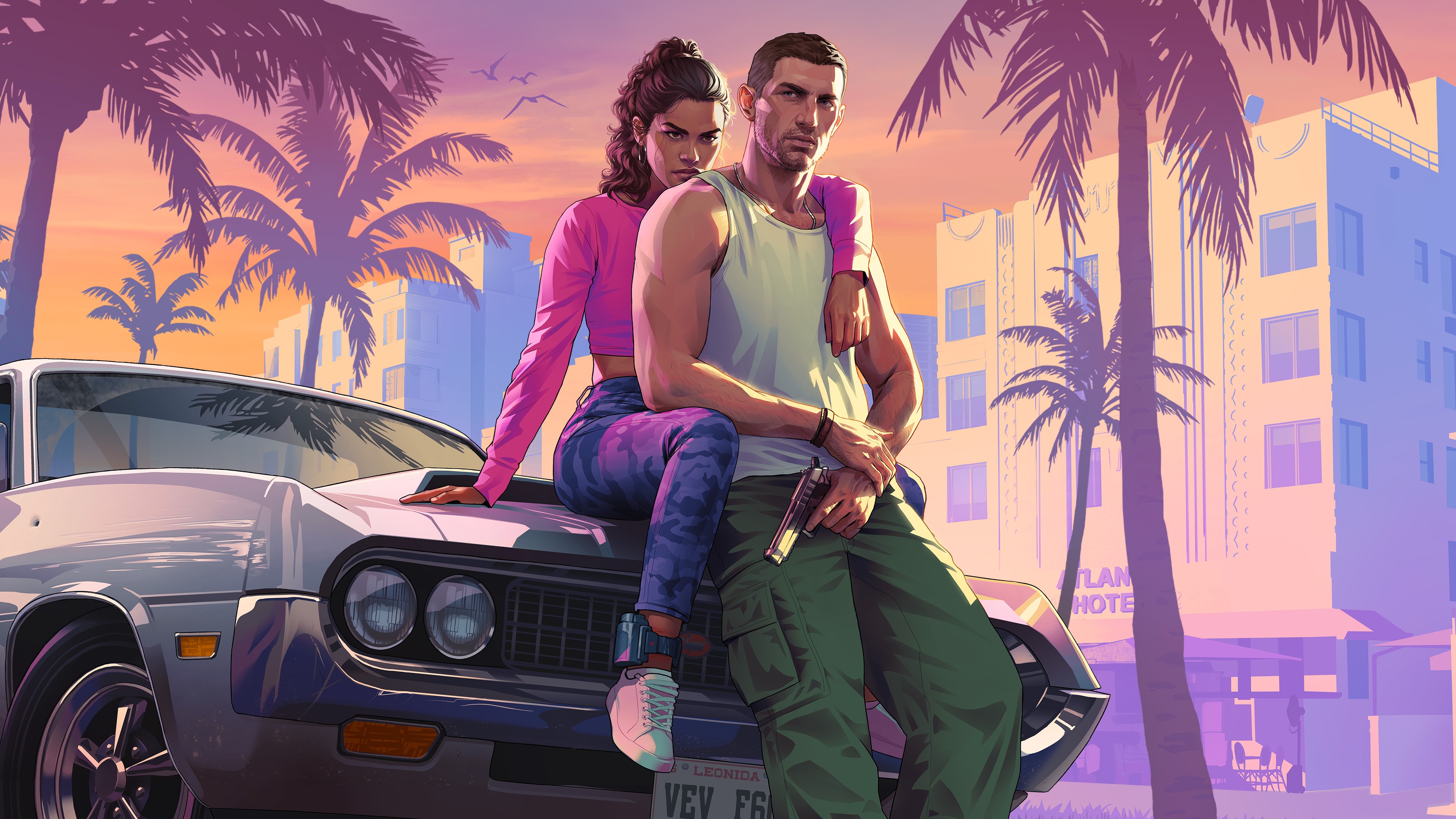 Jason e Lucia, protagonistas de GTA 6, diante de um carro em Vice City ao pôr do sol