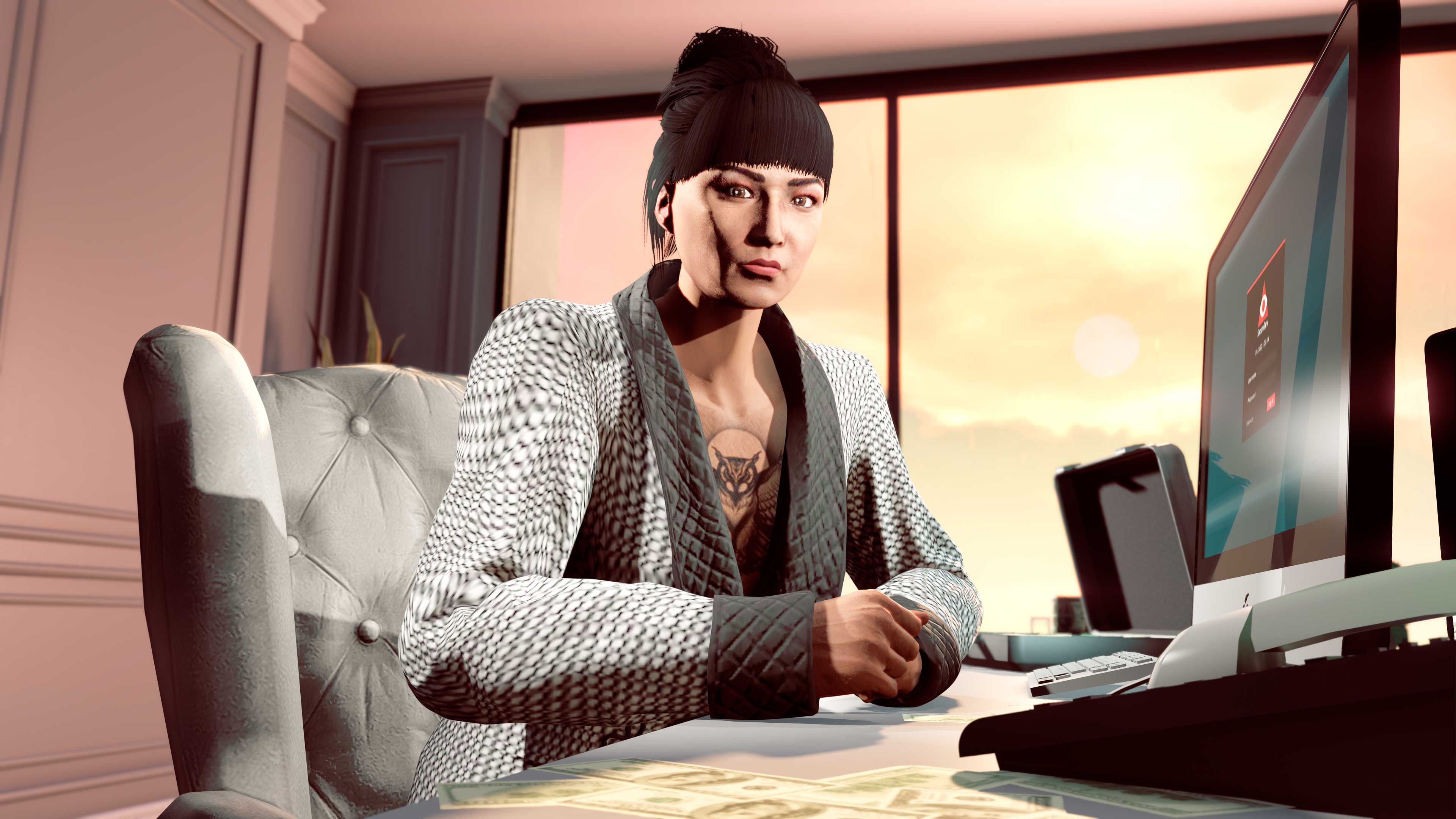 schermata di gioco di un personaggio di GTA Online con la Giacca smoking ipnotica bianca