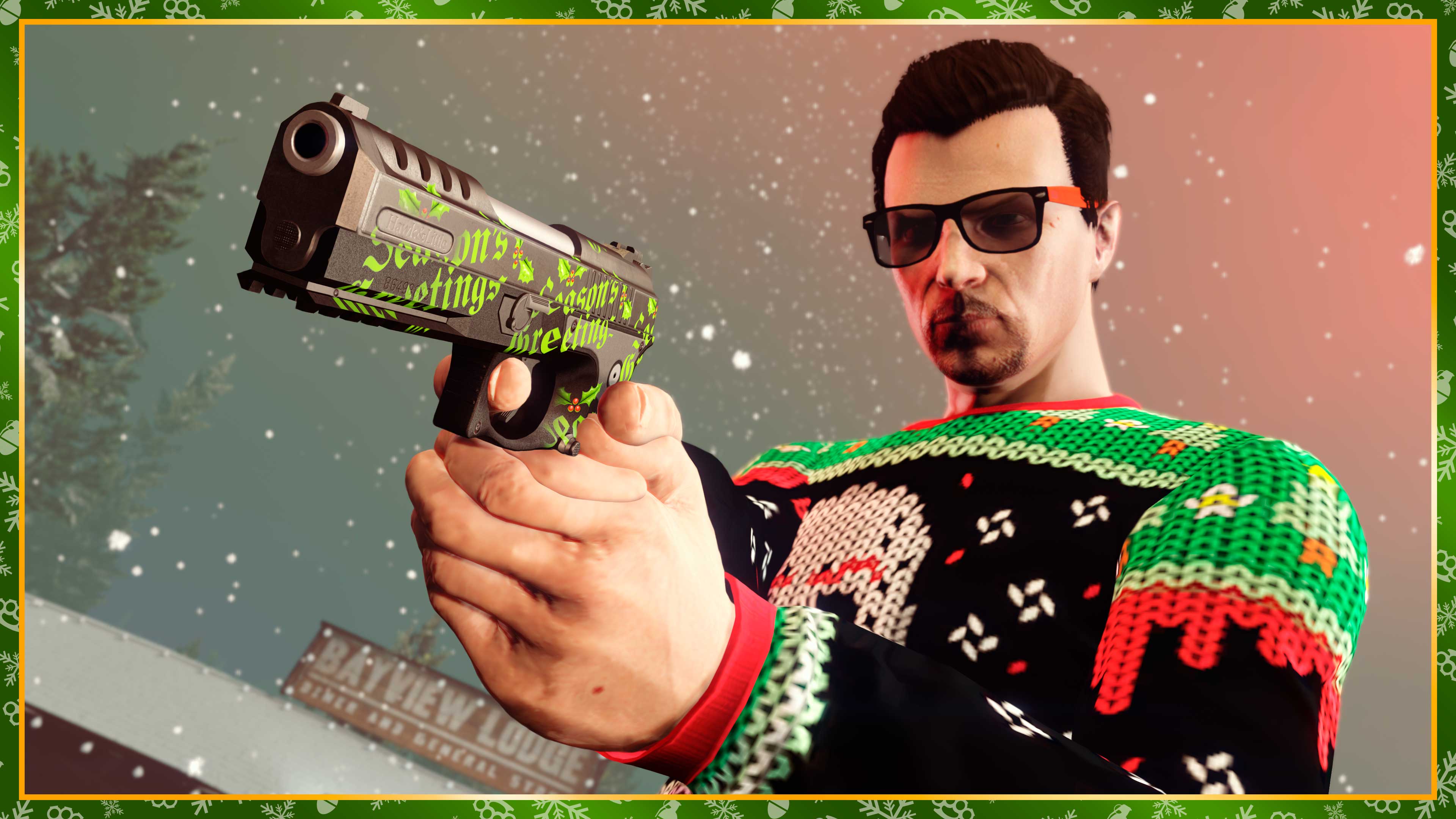 immagine di un personaggio di GTA Online con indosso un maglione e una pistola decorata in mano