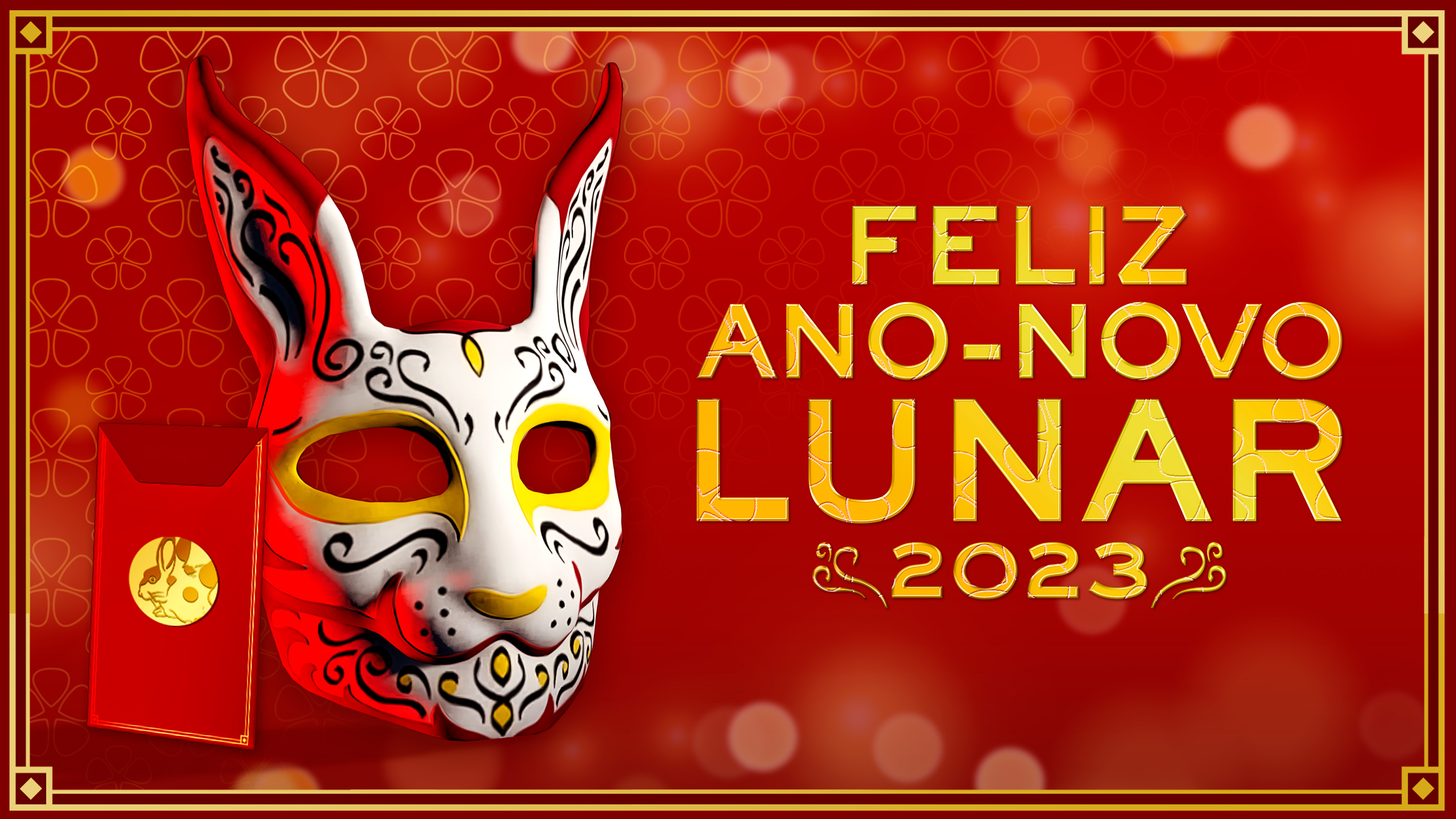 imagem da máscara Coelho pintado tradicional no GTA Online e a mensagem “Feliz Ano-Novo Lunar de 2023”