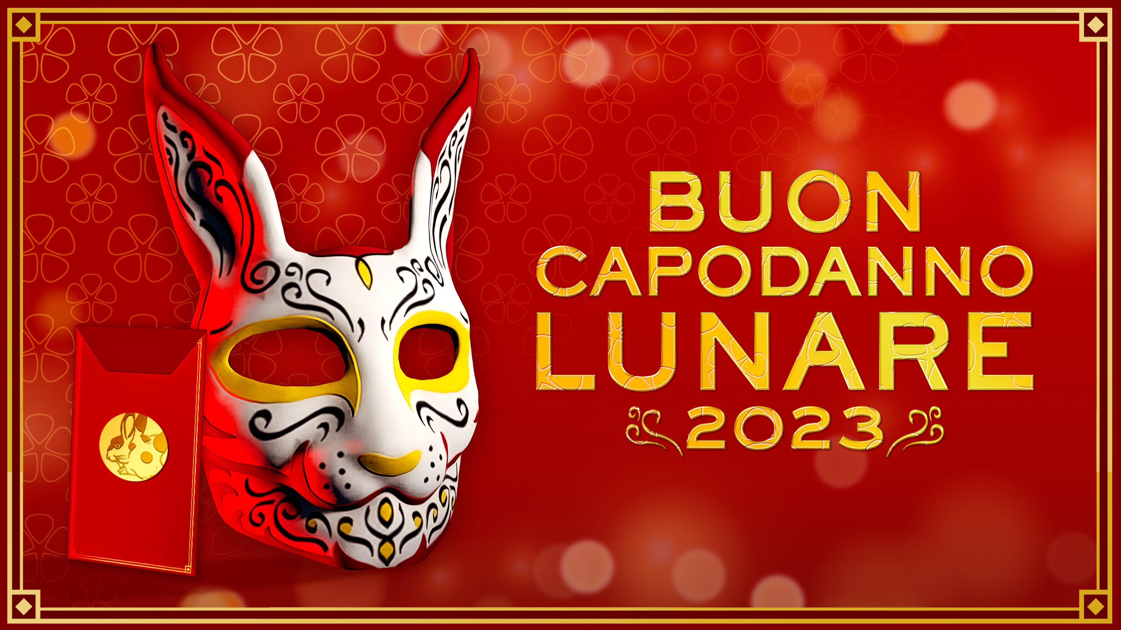 immagine della maschera coniglio dipinto tradizionale in GTA Online e il messaggio “Happy Lunar New Year 2023” (Buon Capodanno lunare 2023)