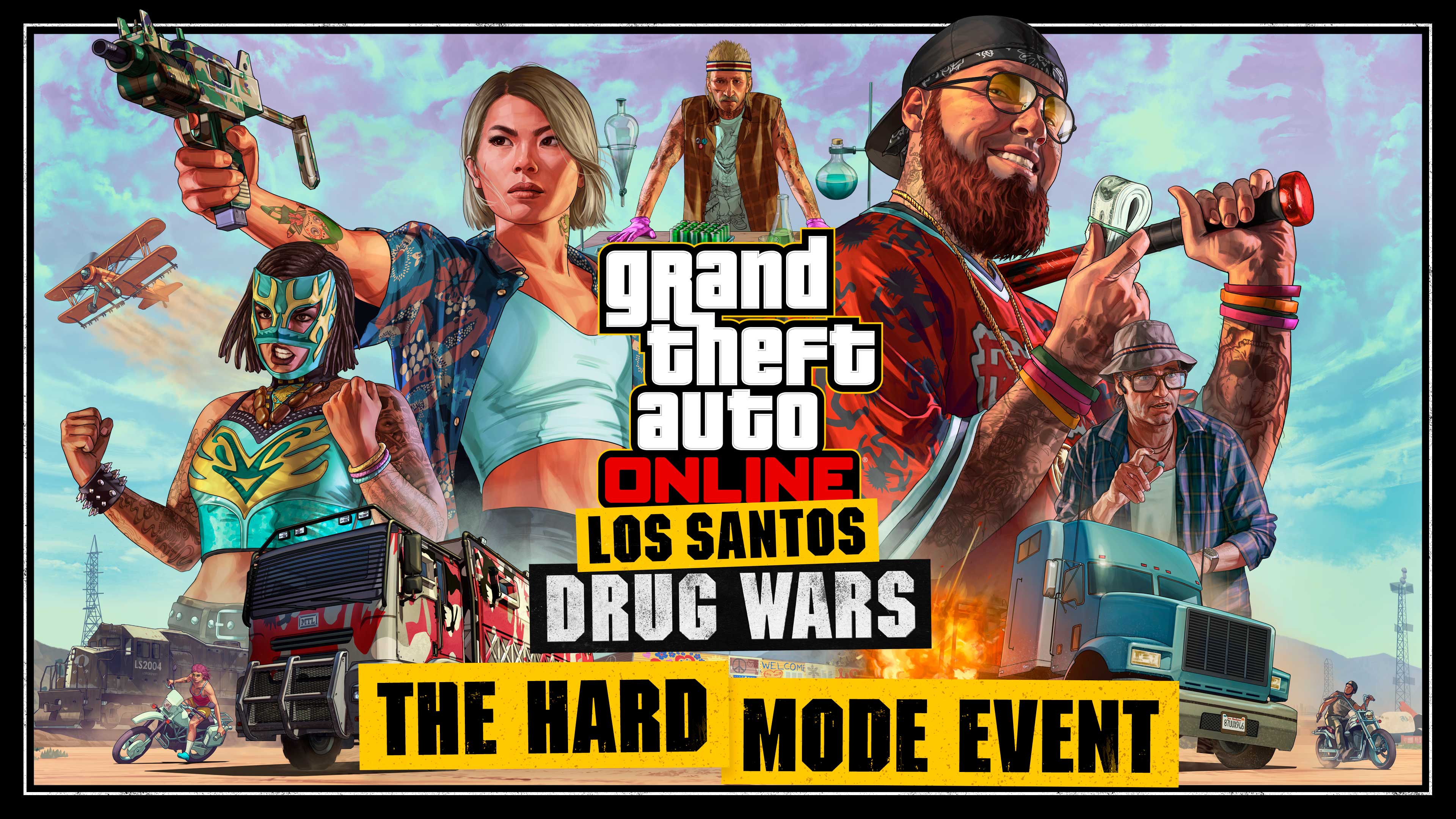 illustrazione di Los Santos Drug Wars con titolo “The Hard Mode Event “ (Evento modalità difficile)
