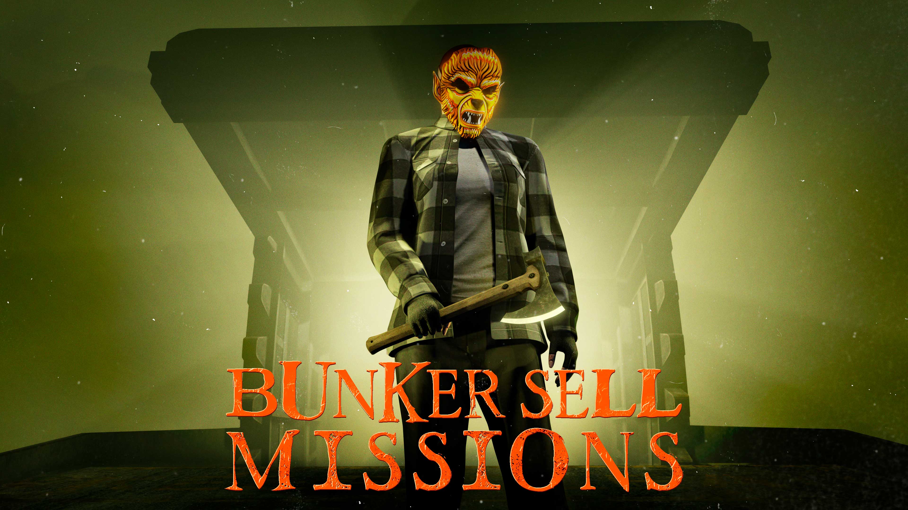 Pôster das missões de venda do Bunker com um personagem do GTA Online usando uma máscara