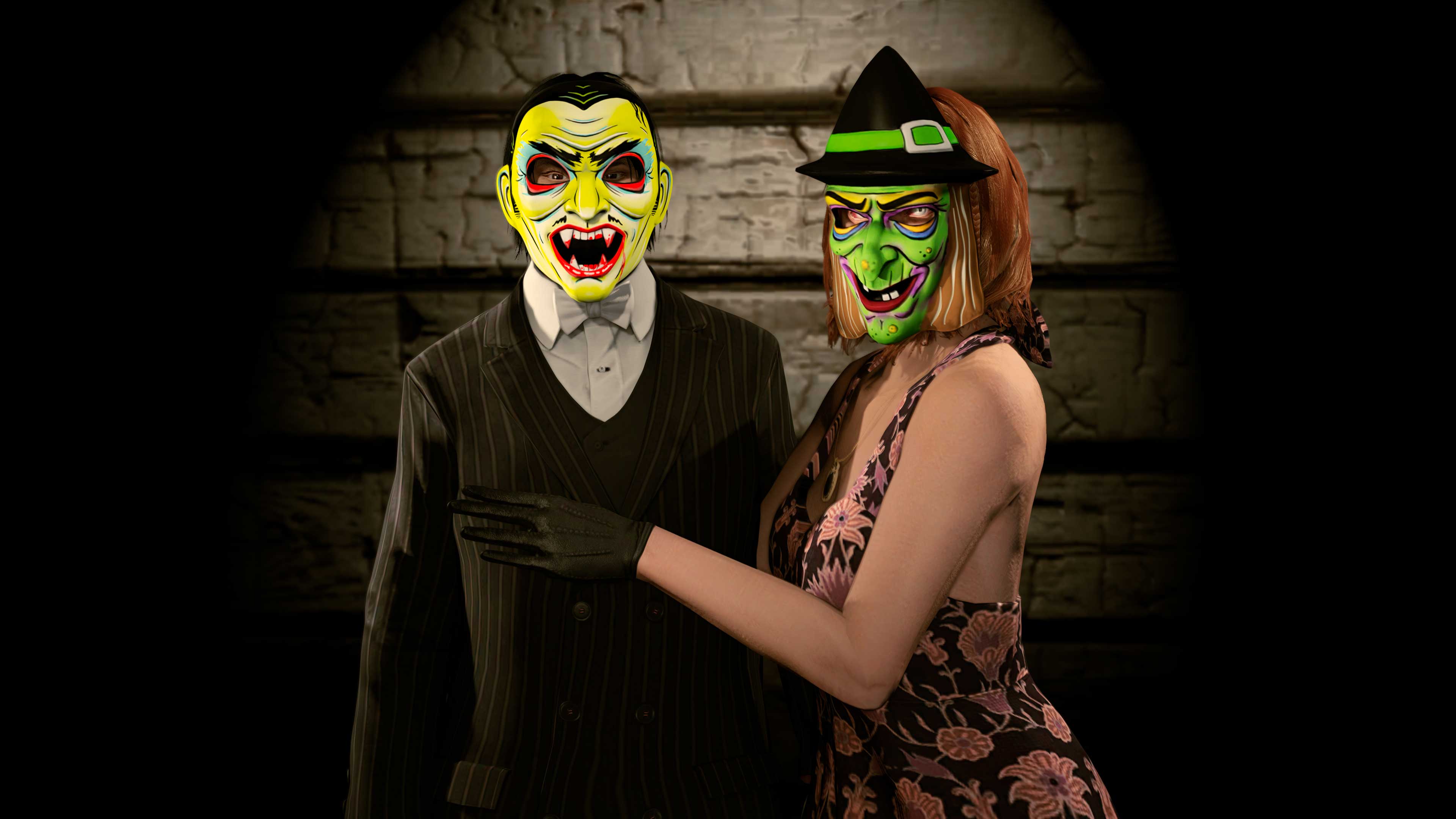 Imagem de personagens no GTA Online usando máscaras de Halloween