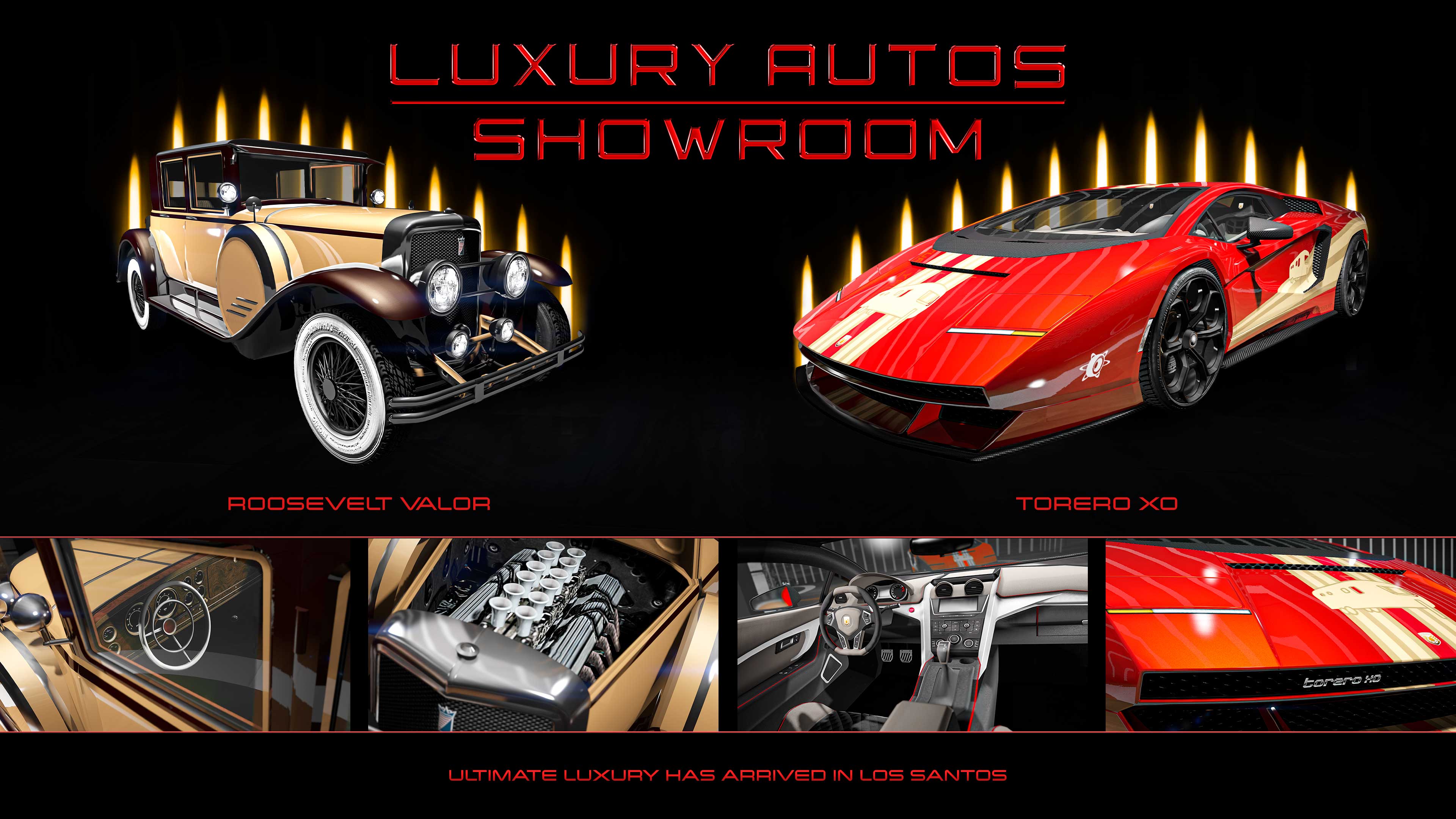 Плакат автосалона Luxury Autos с автомобилями Albany Roosevelt Valor и Pegassi Torero XO
