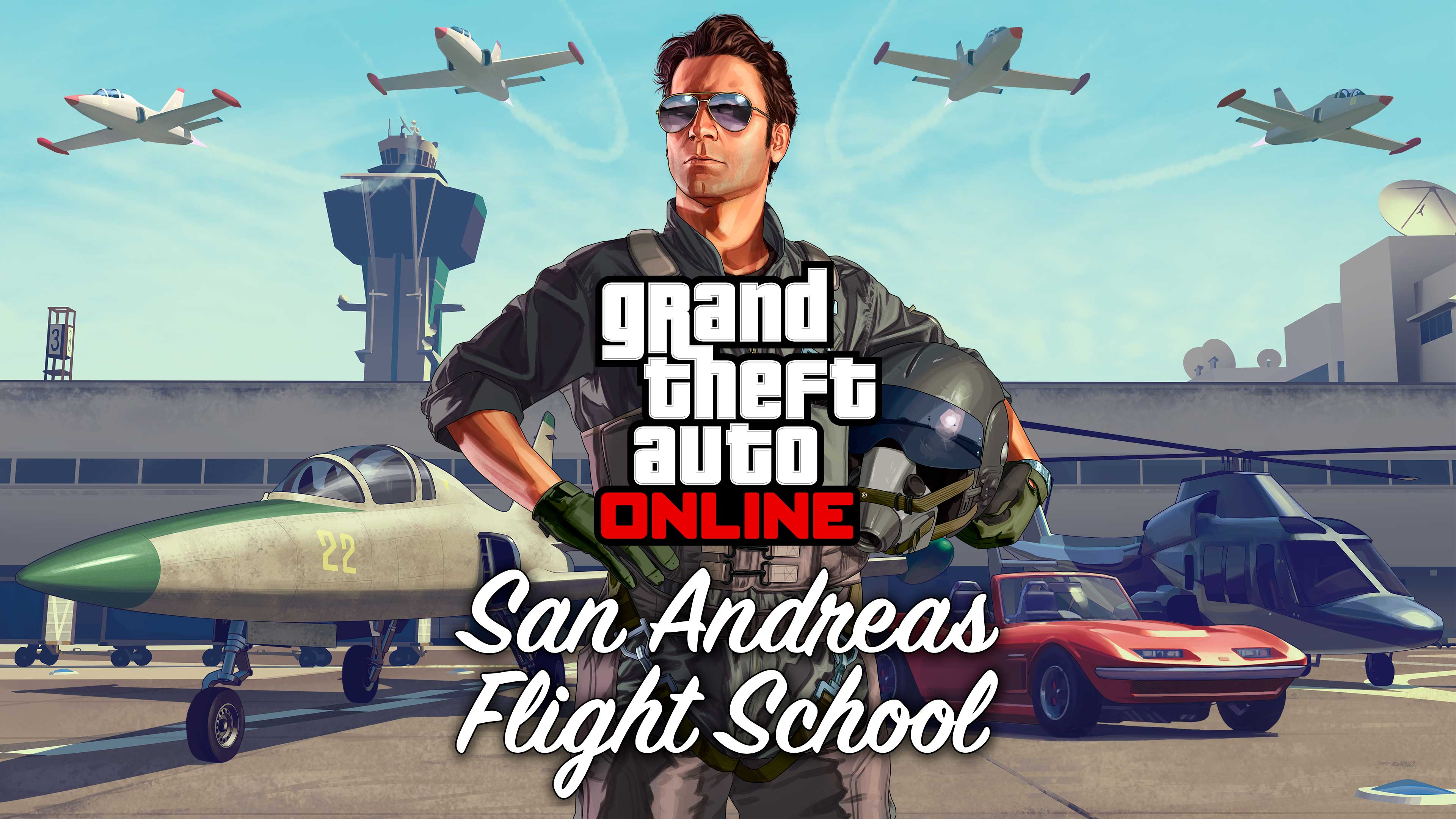 Illustrazione e logo della Scuola di volo di San Andreas di GTA Online