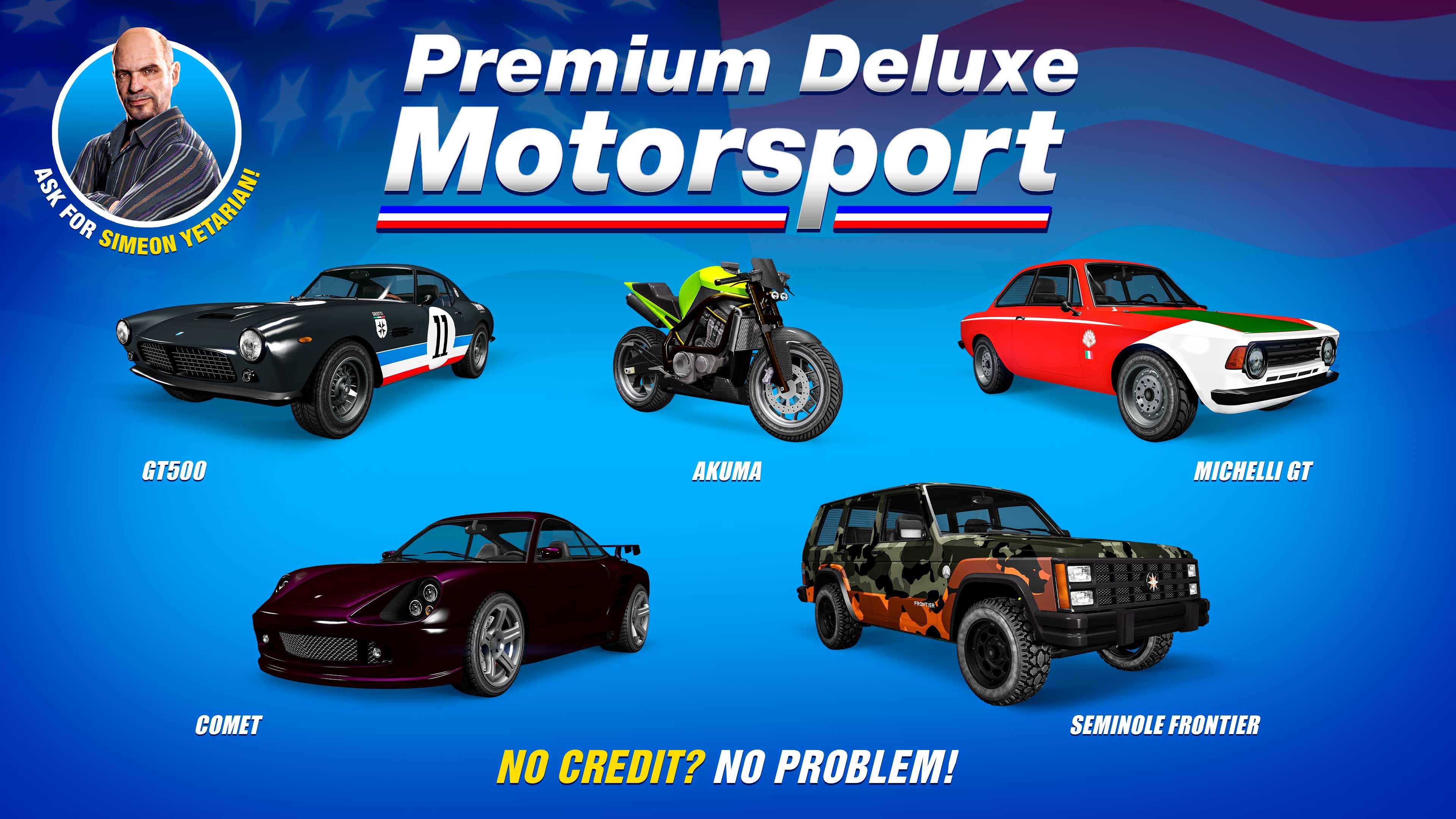 Pôster da Premium Deluxe Motorsport com cinco veículos: Lampadati Michelli GT, Grotti GT500, Canis Seminole Frontier, Pfister Comet e Dinka Akuma.