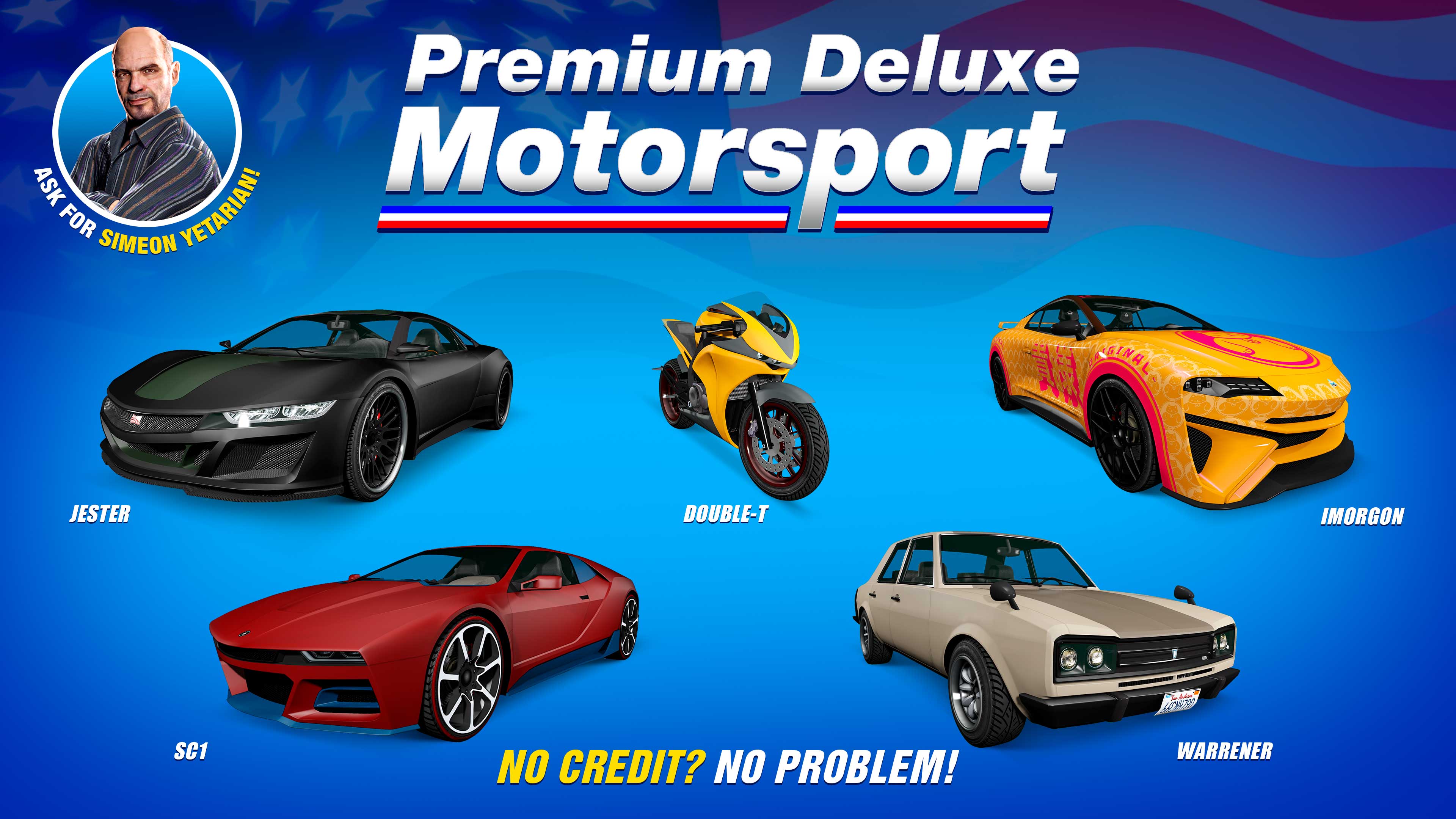 Pôster da Premium Deluxe Motorsport com cinco veículos: Överflöd Imorgon, Übermacht SC1, Dinka Jester, Vulcar Warrener e Dinka Double-T.