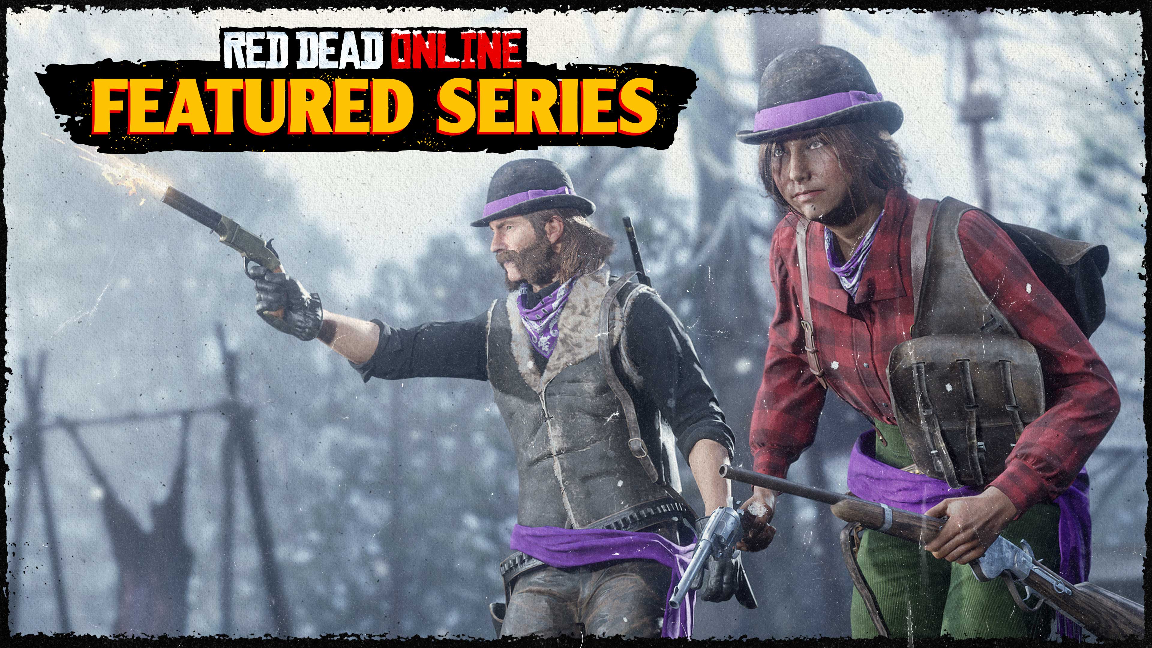 Pôster da Série em Destaque no Red Dead Online com dois personagens armados durante um combate na neve.