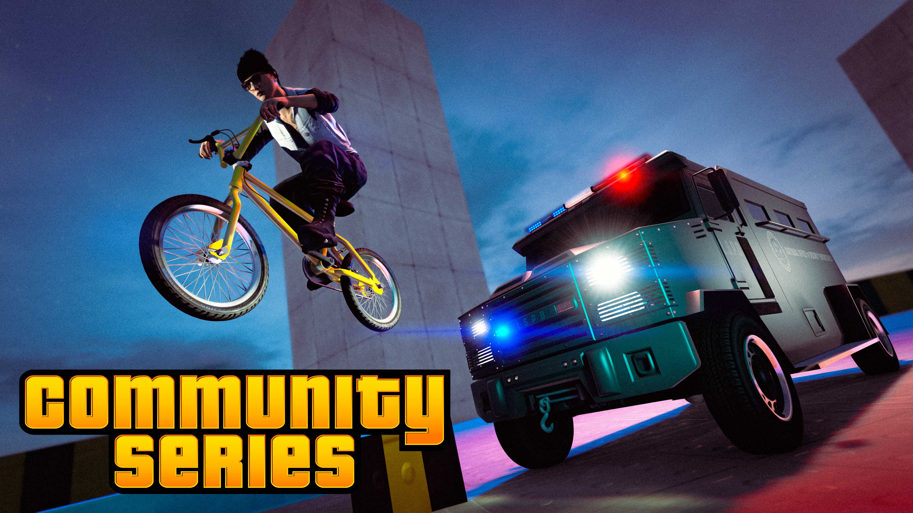 Pôster de Comunidade em Série com jogador de Grand Theft Auto em uma GMX saltando ao fugir de um caminhão em perseguição.