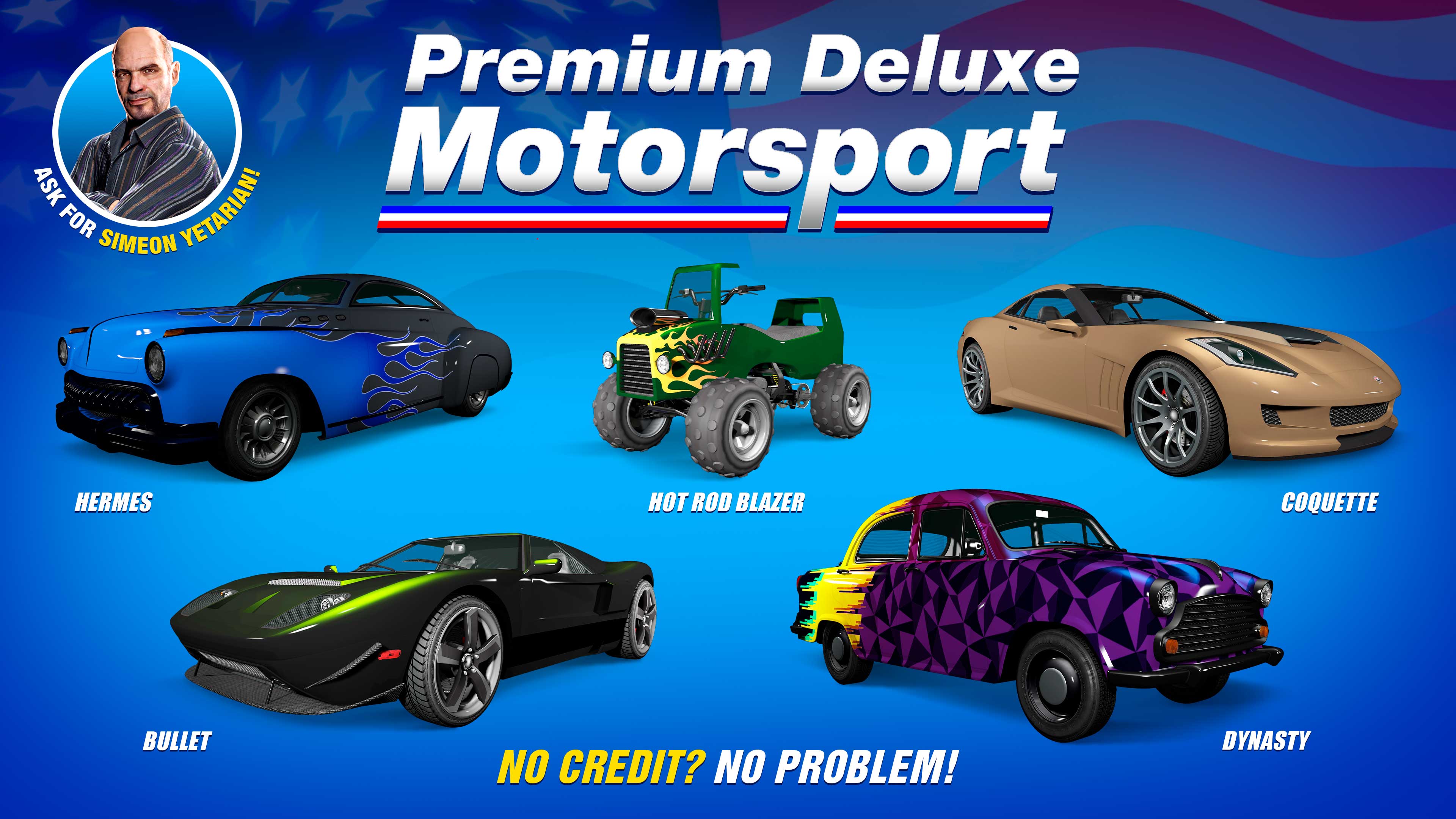 Pôster da Premium Deluxe Motorsport com cinco veículos. Vapid Bullet, Albany Hermes, Weeny Dynasty, Invetero Coquette e Nagasaki Hot Rod Blazer.