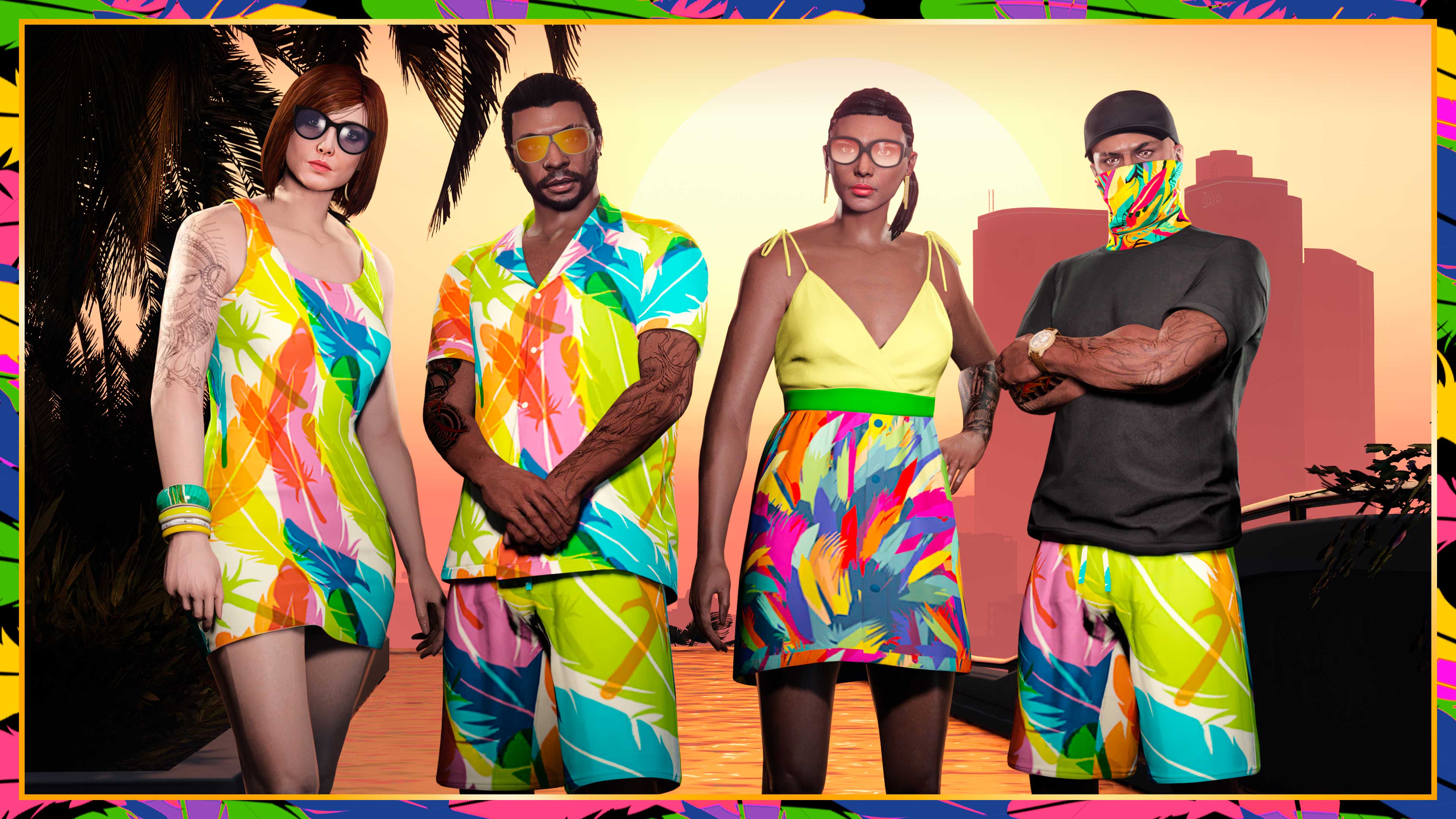 Pôster de comemoração de Carnaval com quatro personagens do GTA Online vestindo várias roupas decoradas com penas coloridas.