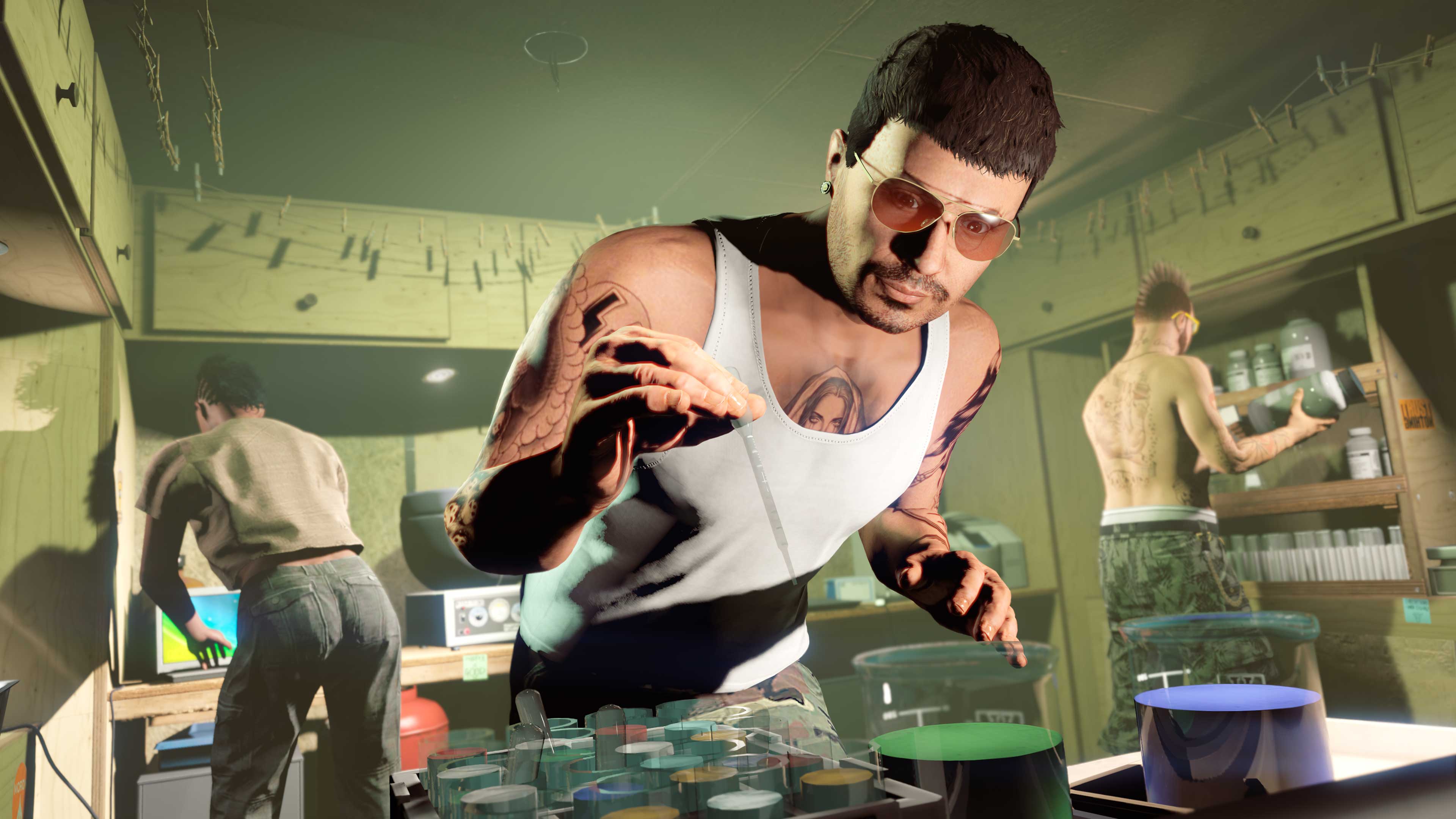 Three characters in an Acid Lab perform various tasks. 