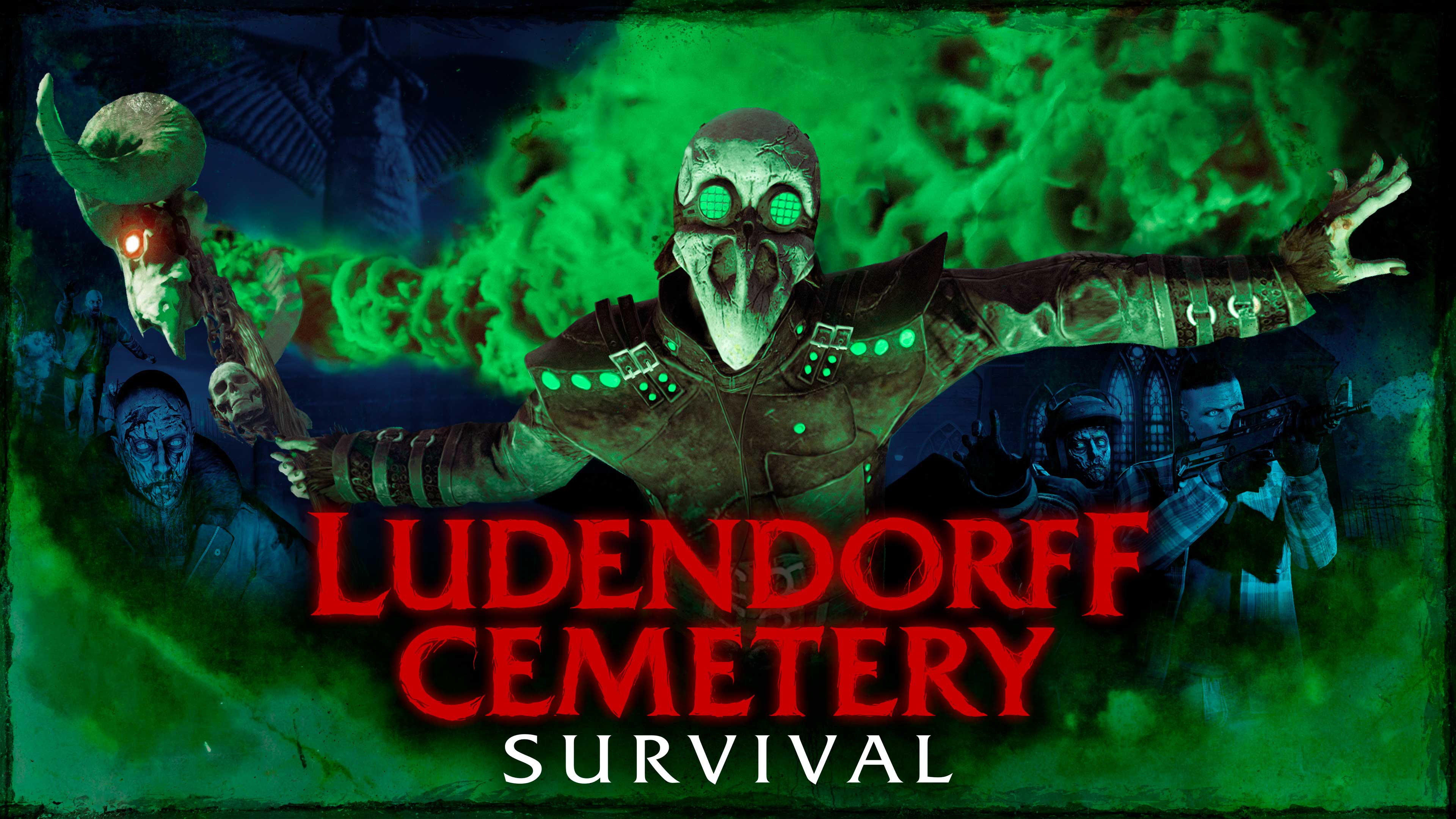 Ludendorff Cemetery Survival poster featuring a creepy humanoid monster with a white skull and green goggles. 