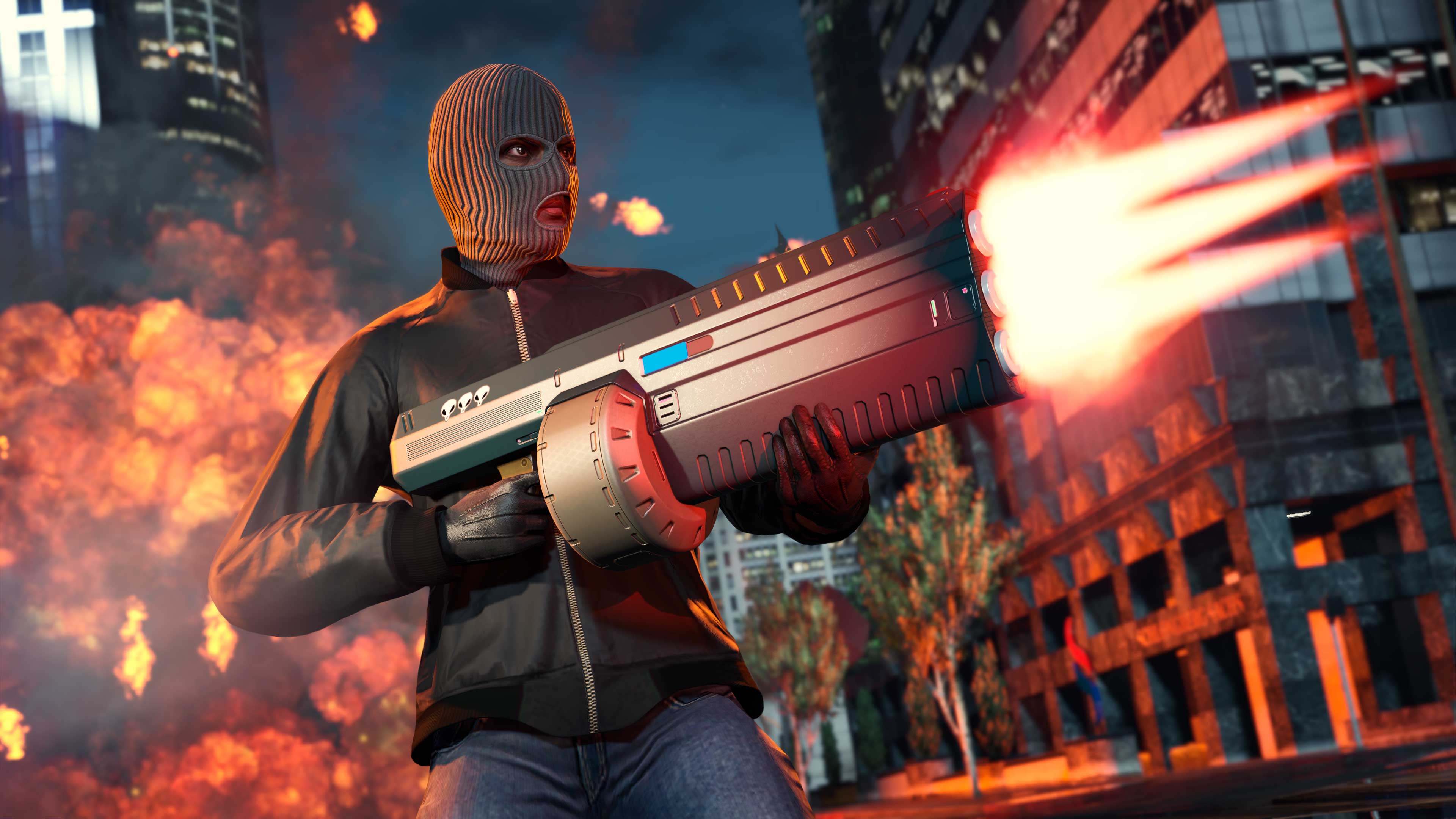 A masked GTA character fires the Unholy Hellbringer as explosions erupt in the street behind them. 