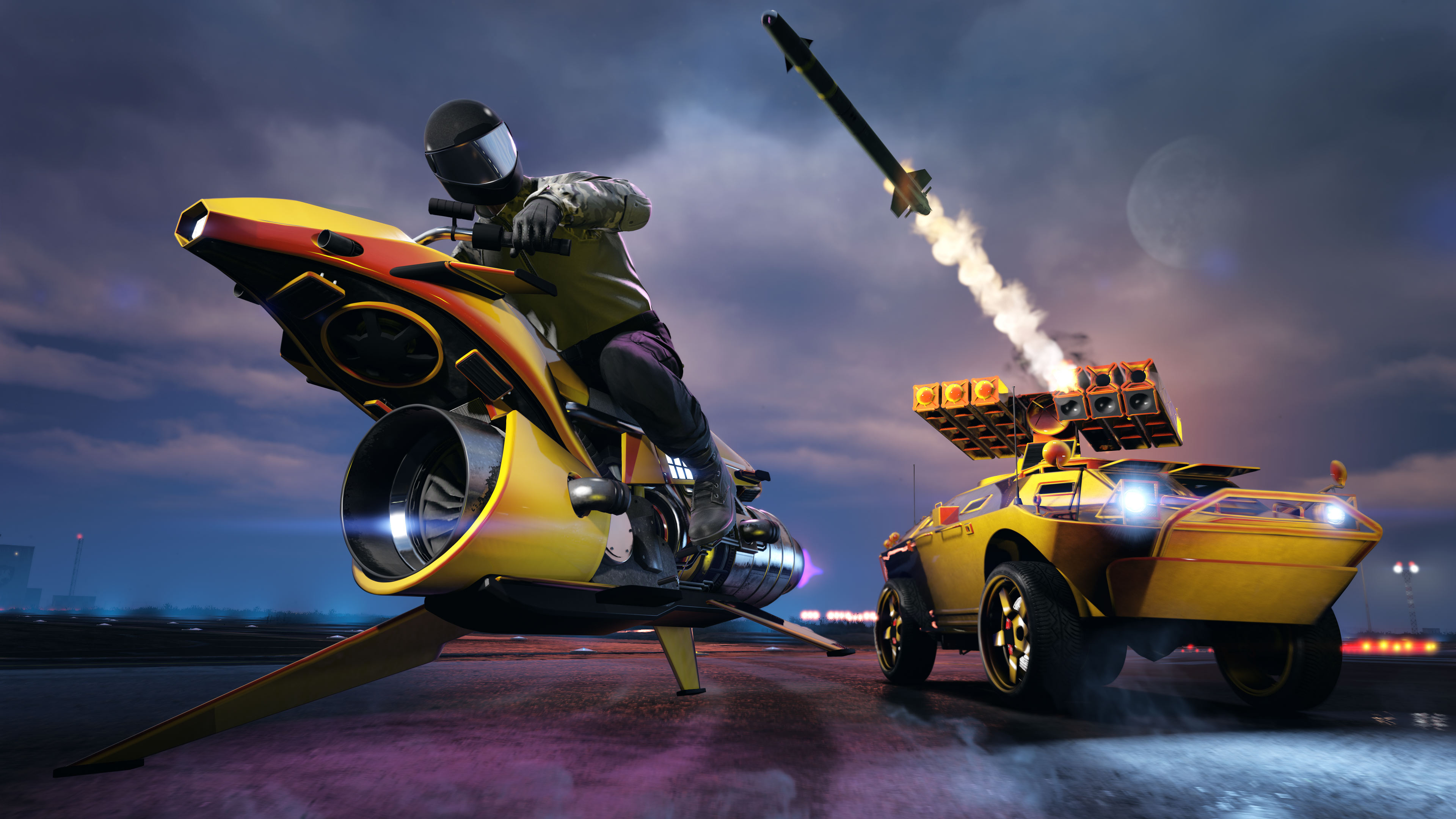 A Pegassi Oppressor MK 2 hoverbike and a weaponized vehicle with the Red/Orange Flip Chameleon Paint and Wheel Paint. 
