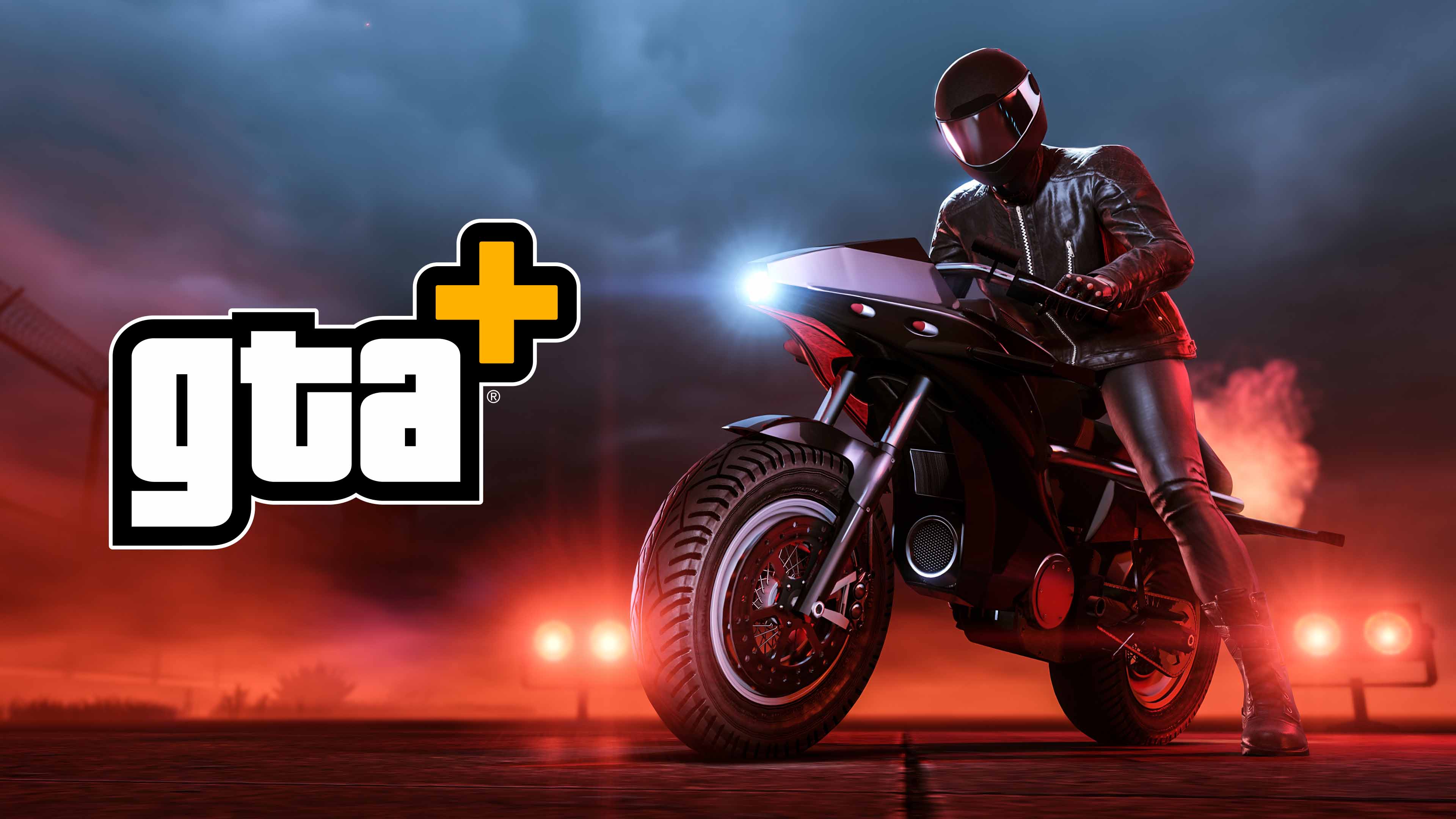 A character rides a Pegassi Oppressor motorcycle surrounded by red light. 