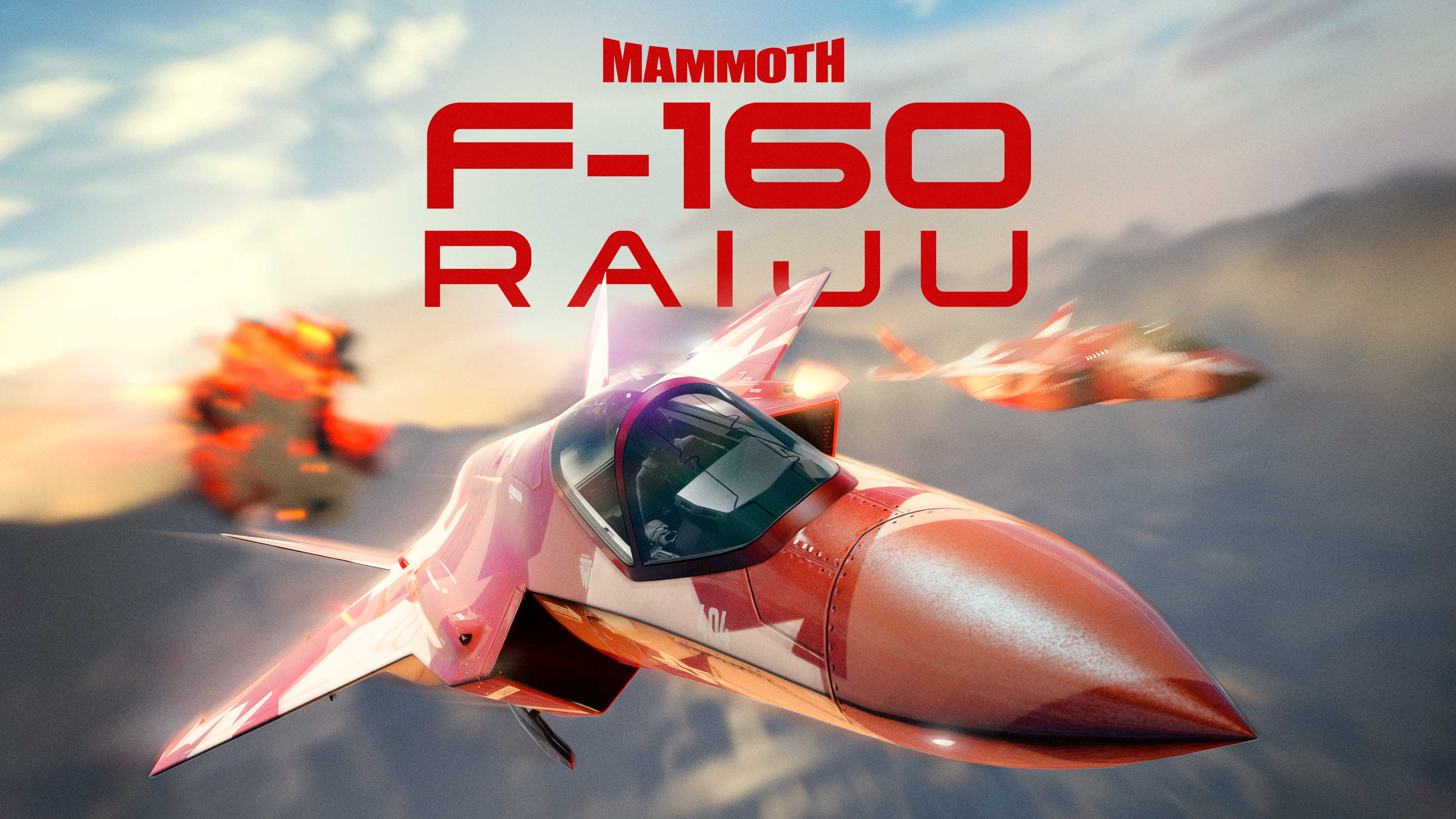 Dois jatos vermelhos voam pelo céu com uma explosão no fundo. Texto: Mammoth F-160 Raiju.