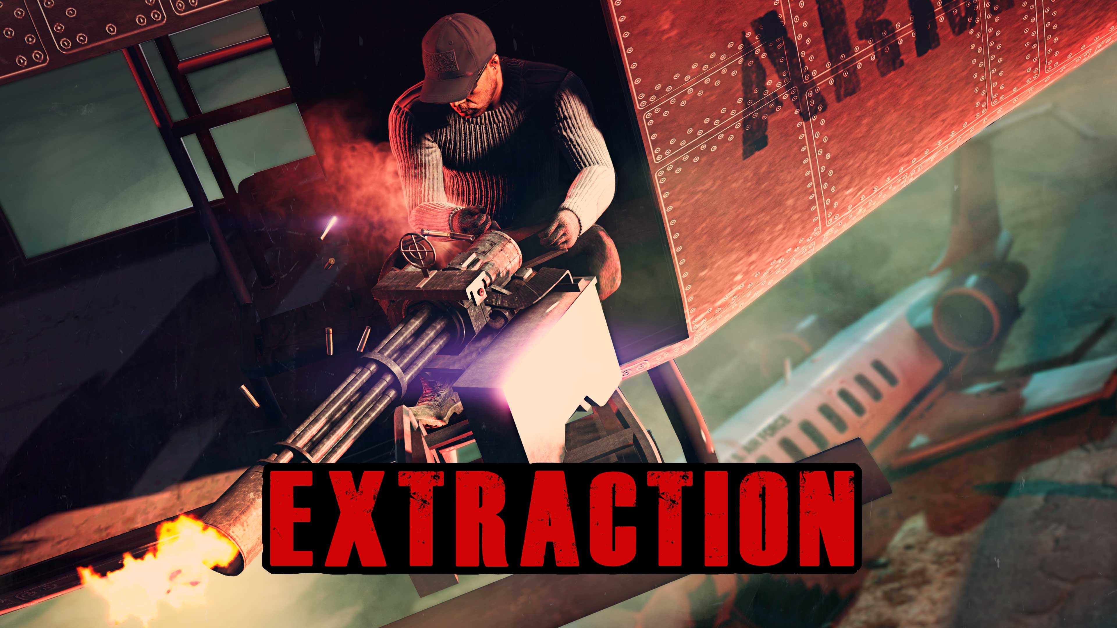 Pôster do evento de Exfiltração com um jogador de GTA Online disparando uma Minigun de um helicóptero.