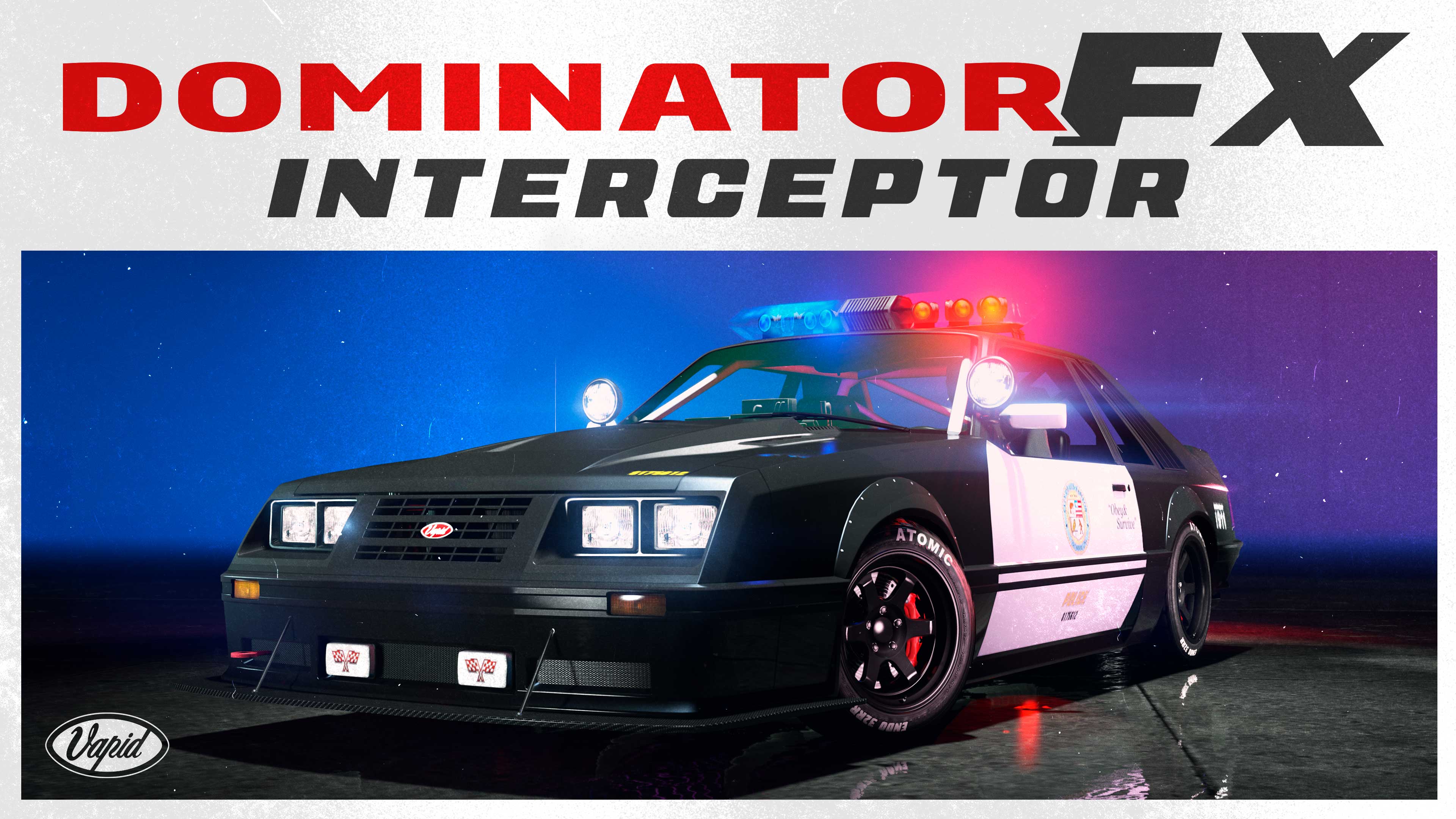 Um Vapid Dominator FX Interceptor com as sirenes ligadas.