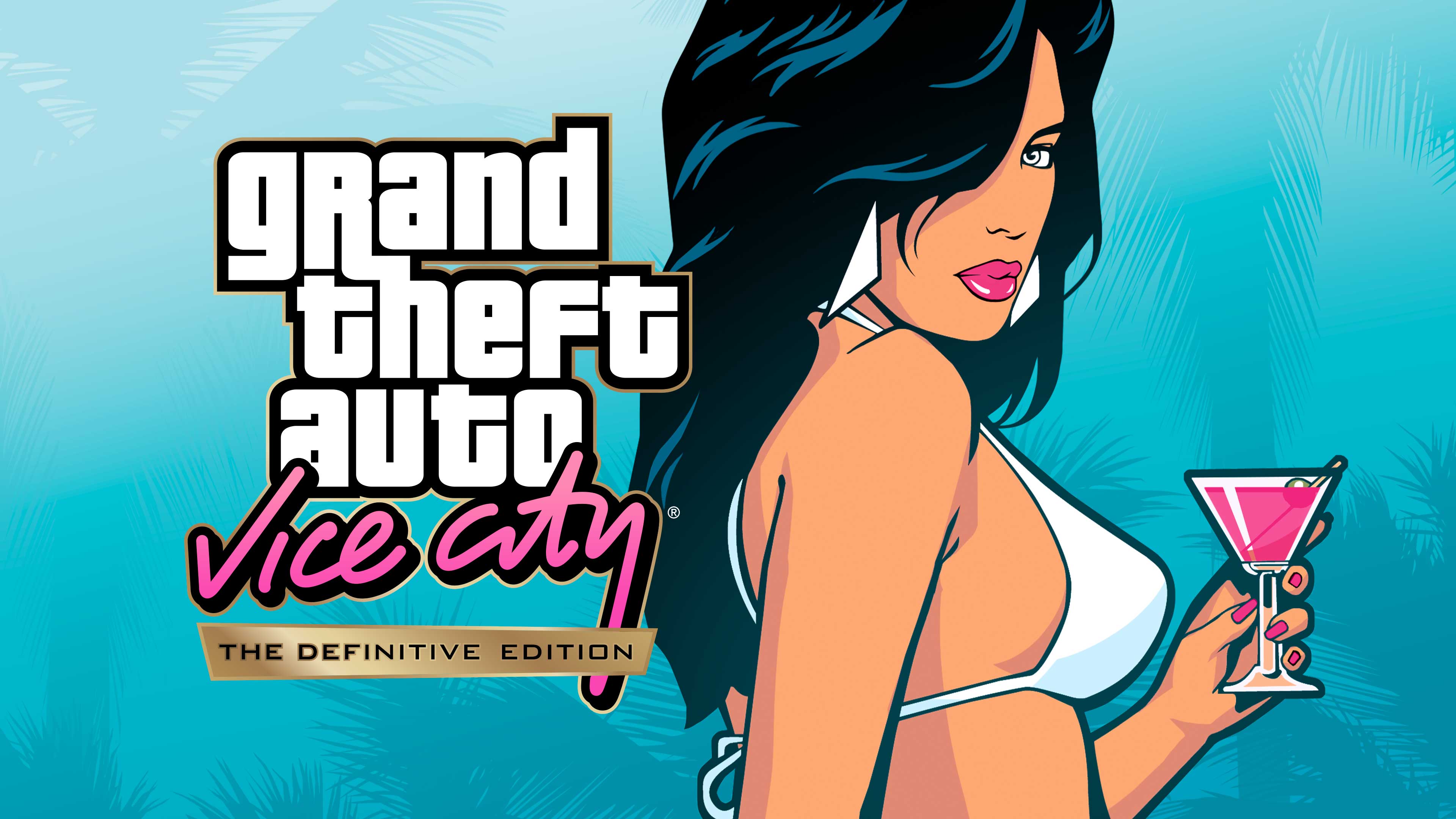 Arte de Grand Theft Auto: Vice City – The Definitive Edition com uma mulher segurando um coquetel cor-de-rosa.