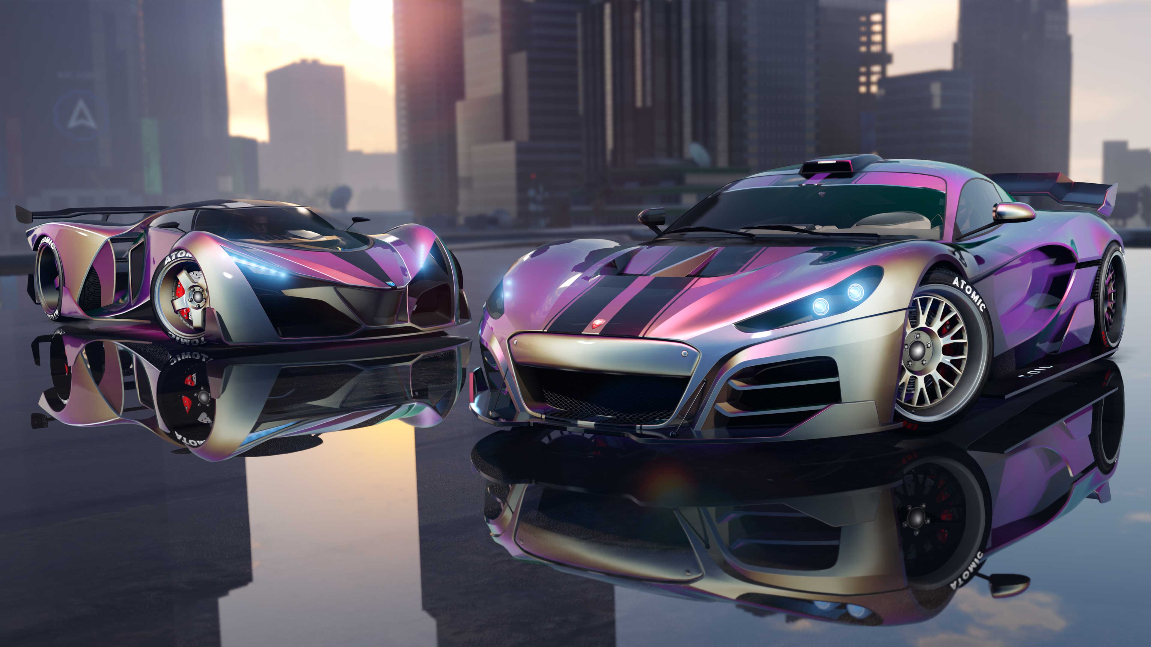 Dois carros exibindo a Pintura Camaleão Flip Branco/Roxo e Pintura Camaleão para Rodas Flip Branco/Roxo.