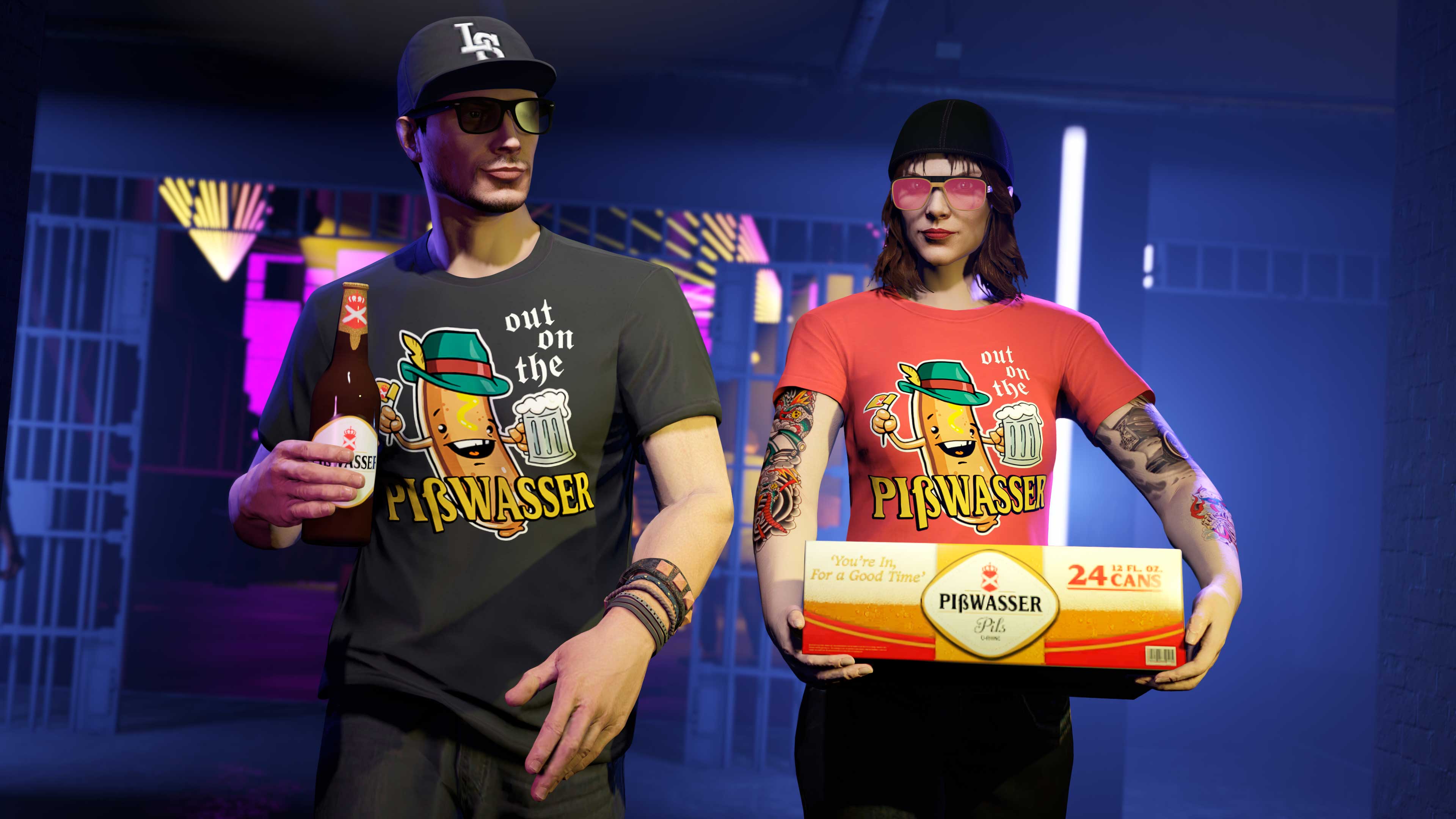 Dois personagens festeiros vestidos com as Camisetas On The Pisswasser Vermelha e Preta.