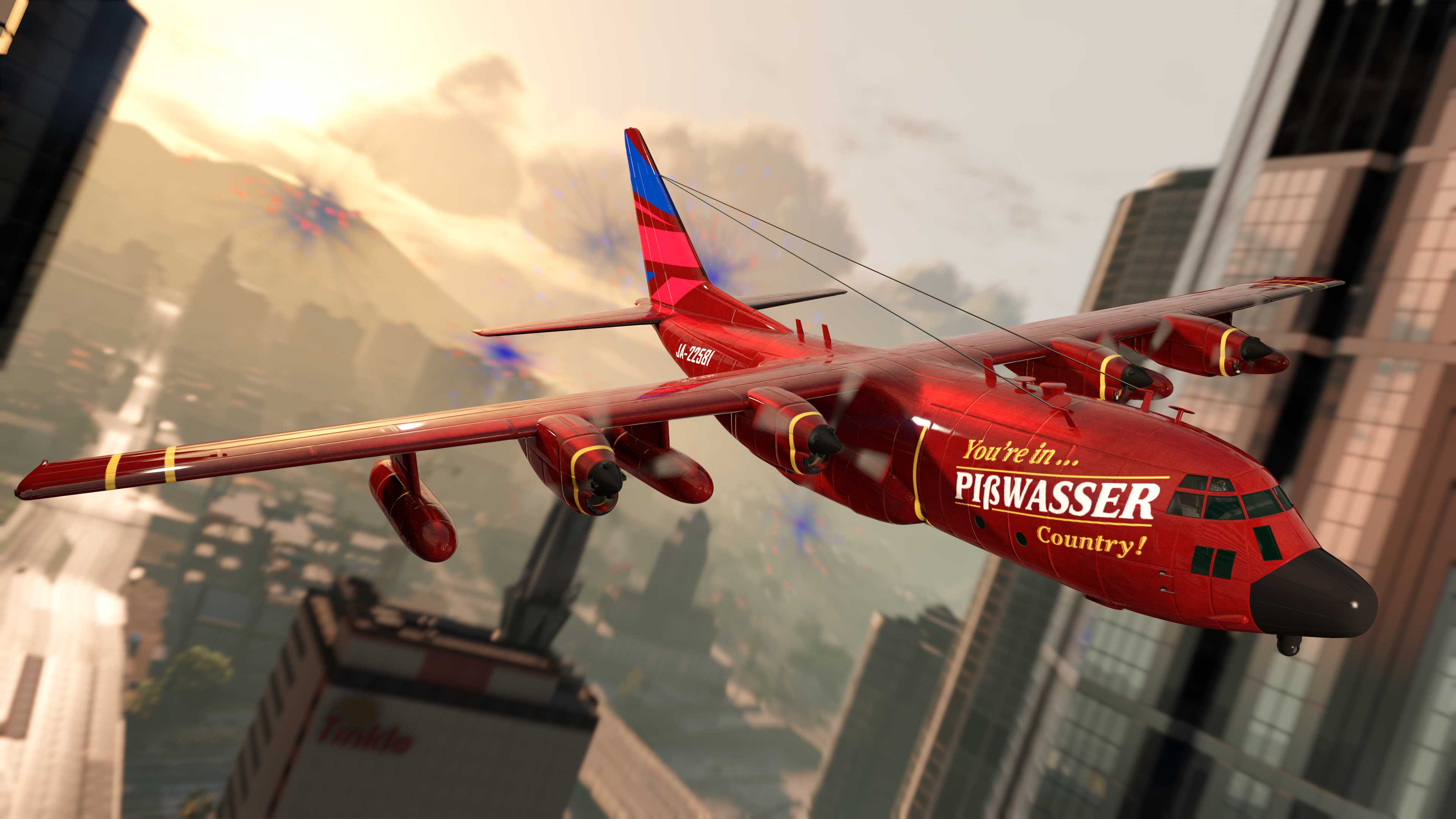 Um avião Eberhard Titan 250 D com uma Estampa Pisswasser por tempo limitado voa sobre a cidade.
