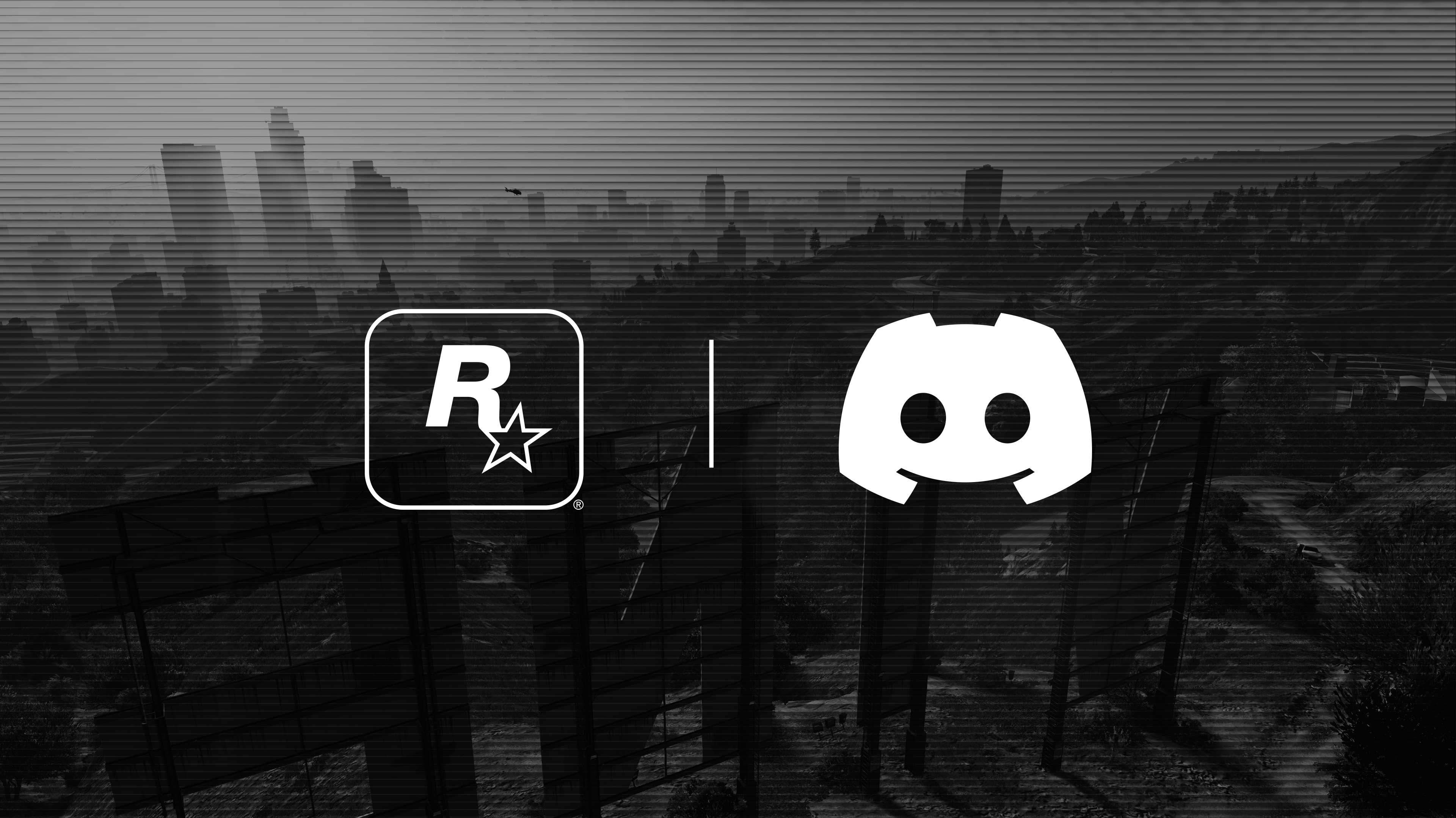 Logotipos da Rockstar Games e do Discord com uma vista de Los Santos no fundo.