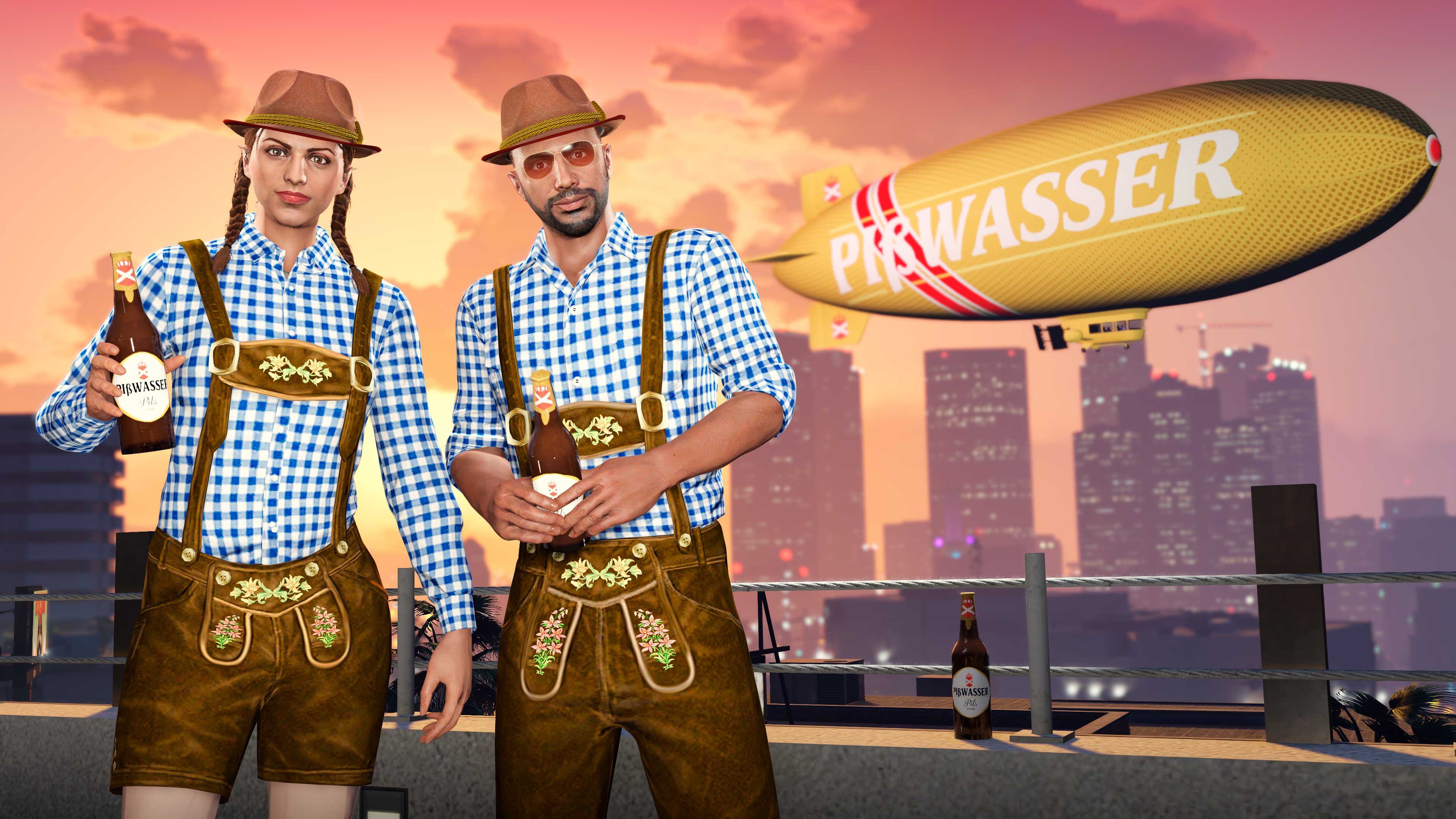 Dois personagens de GTA Online vestindo o Traje Tirolês, com uma camisa azul e branca e bermuda marrom decorada com suspensórios.