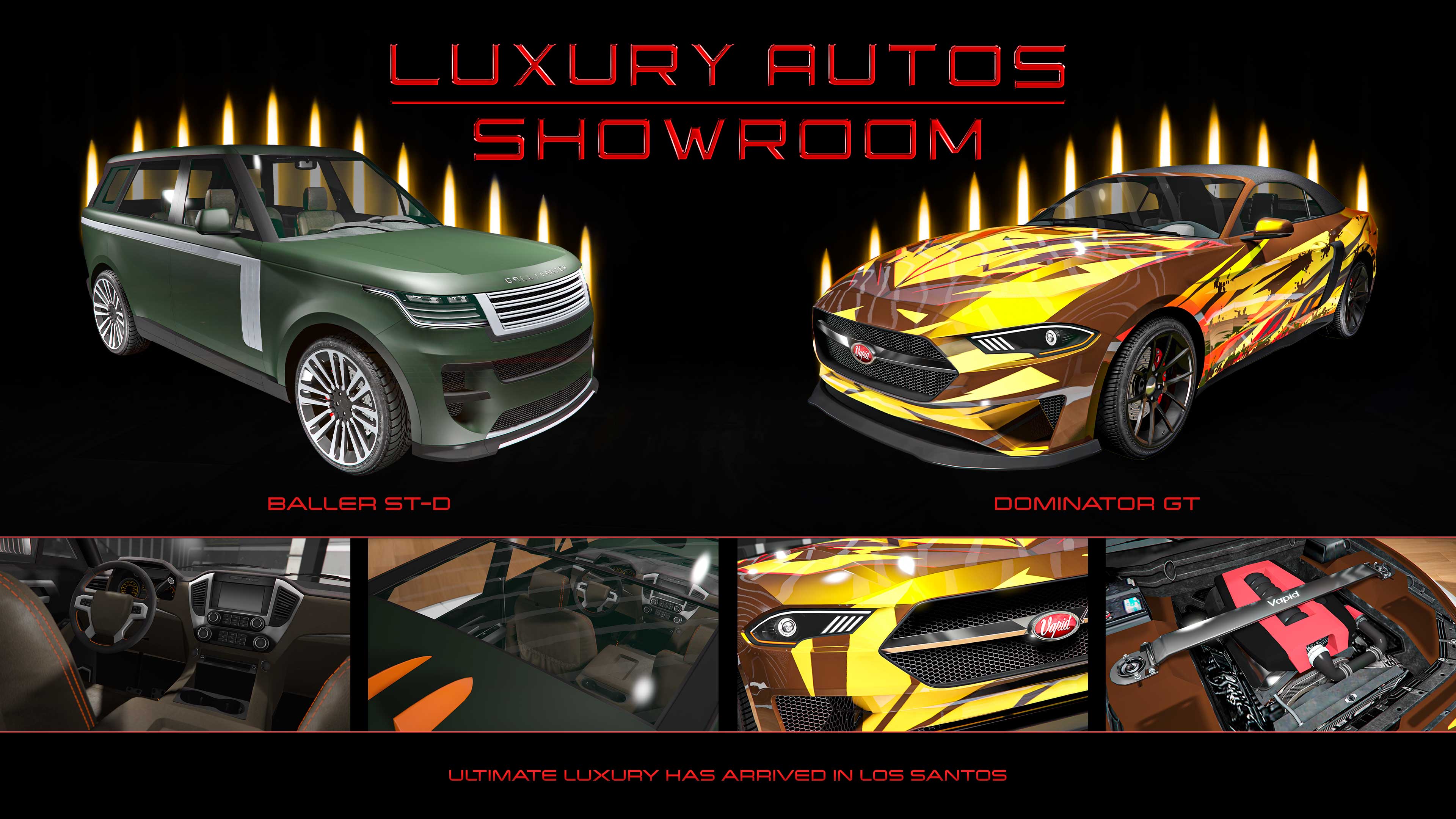 Pôster da concessionária Luxury Autos com o Gallivanter Baller ST-D e Vapid Dominator GT