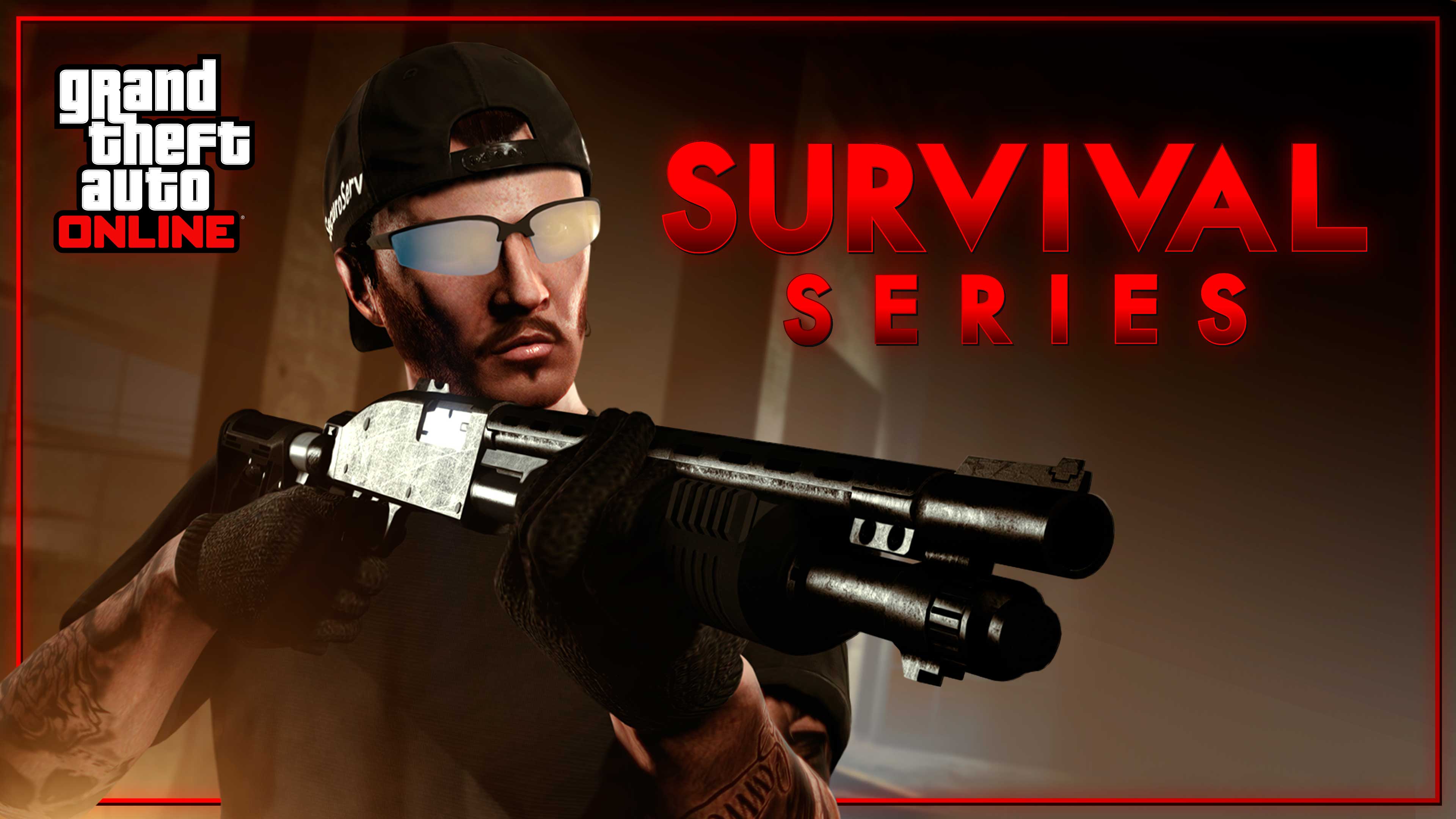 imagem de um personagem no GTA Online e logotipo de Sobrevivência em Série