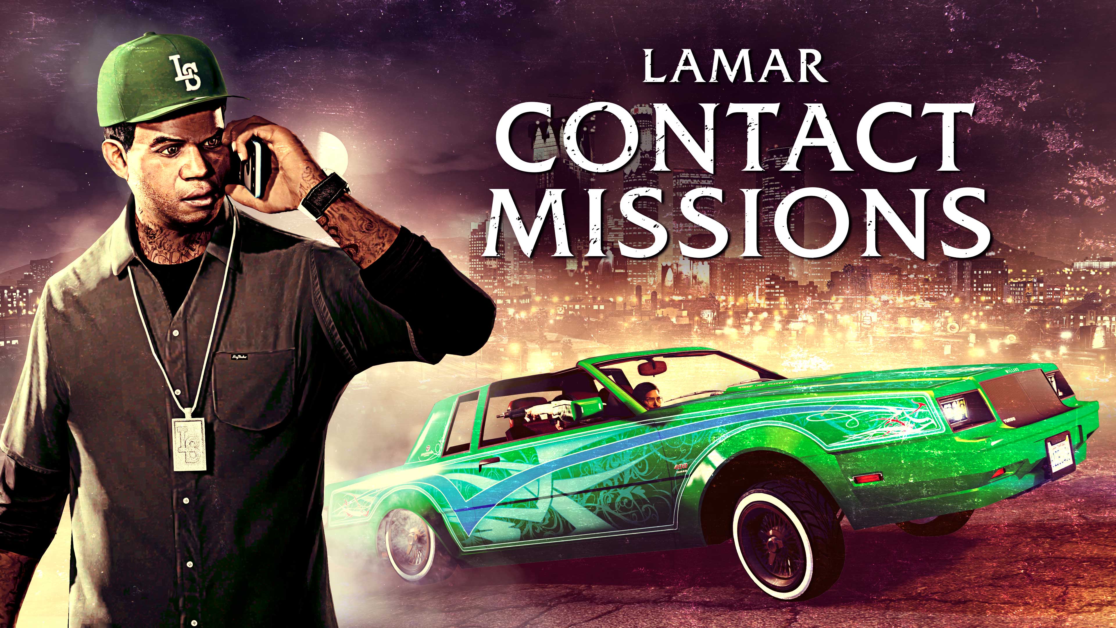 imagem do Lamar, veículo lowrider do GTA Online e logotipo das missões de contacto do Lamar