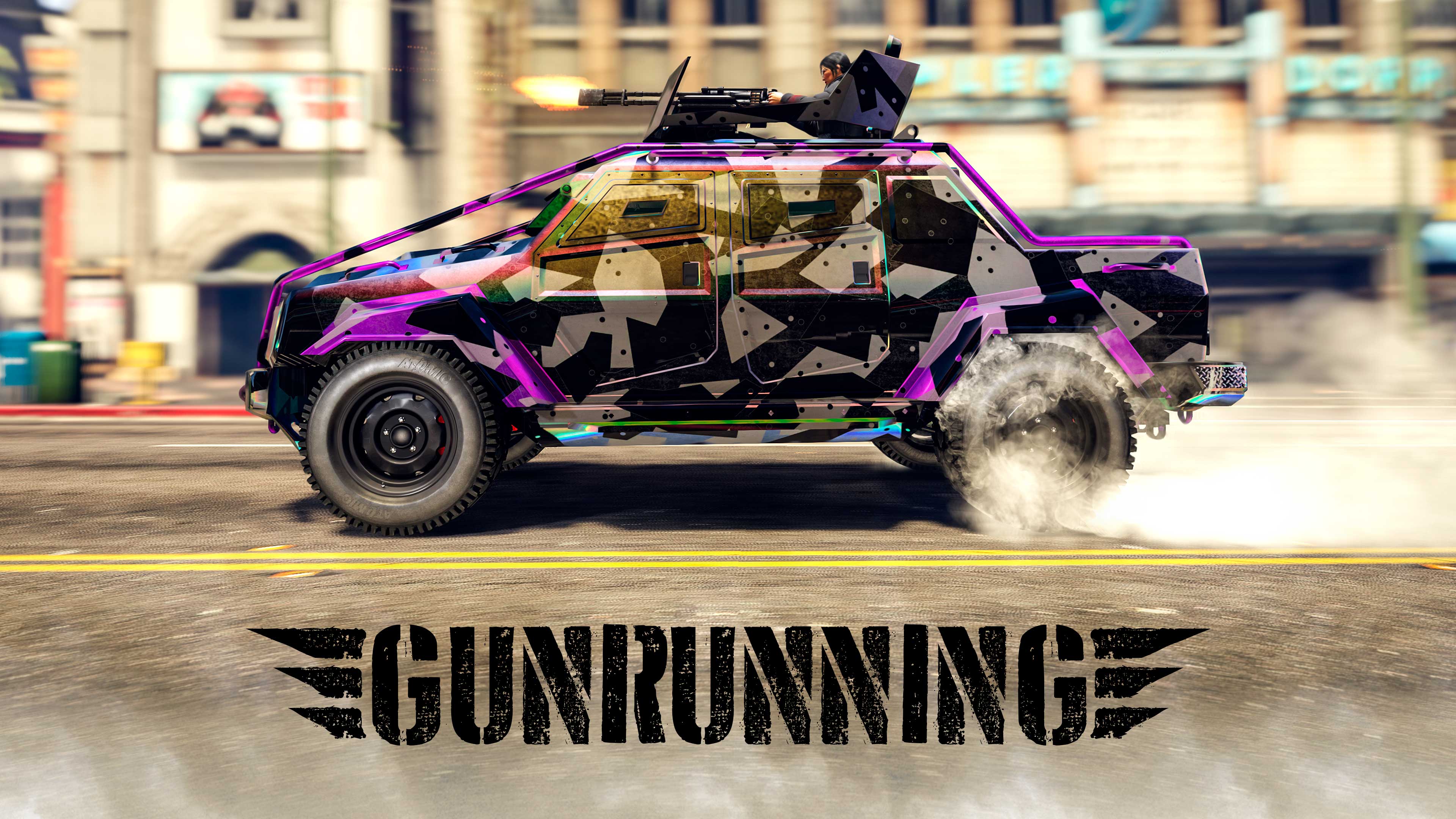 imagem de veículo do GTA Online com o logotipo e texto “Missões de Venda de Muamba e Tráfico de Armas”