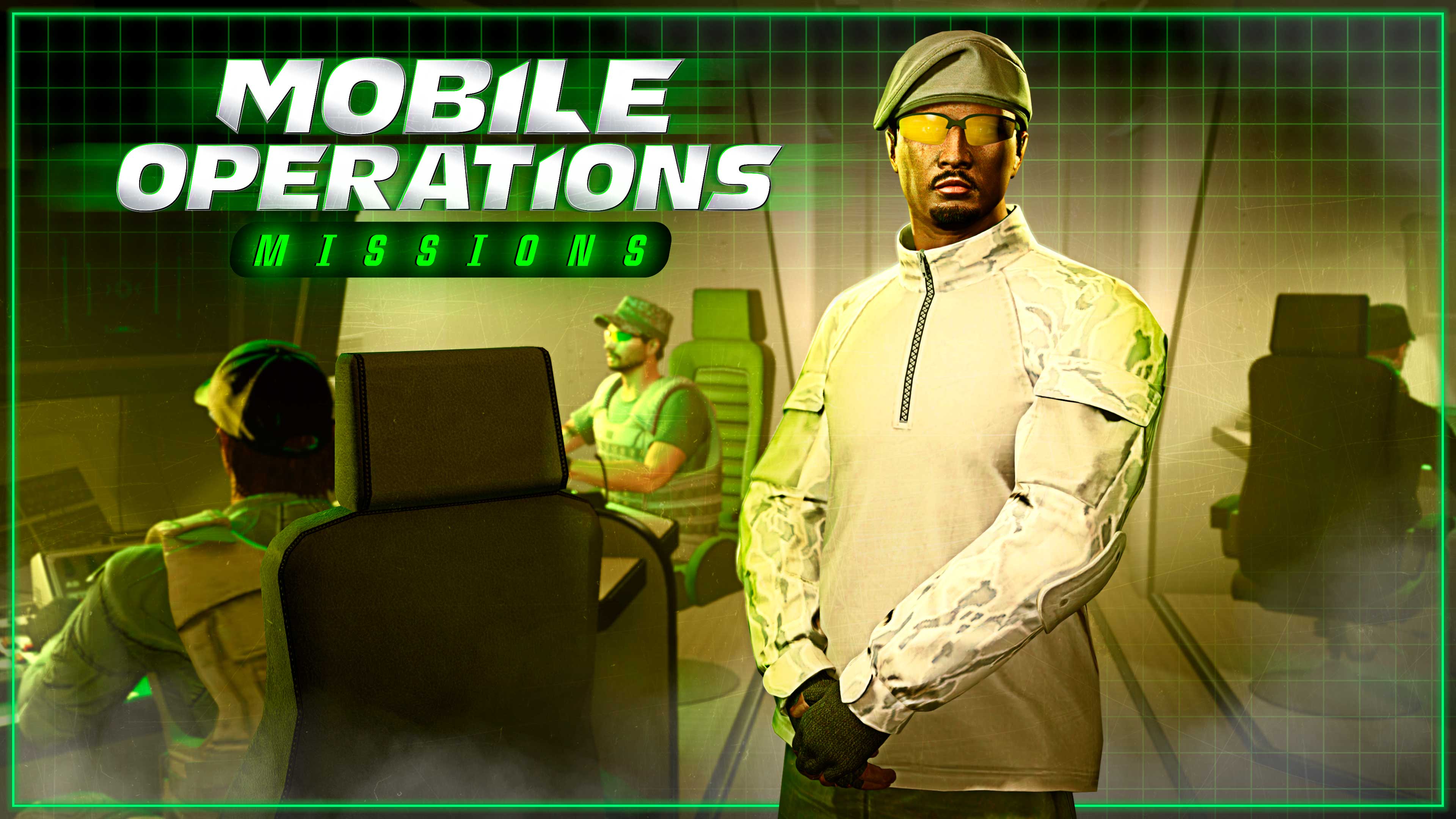 Personagens no GTA Online dentro de um Centro de Operações Móvel com o logo de missões de Operaçoes Móveis