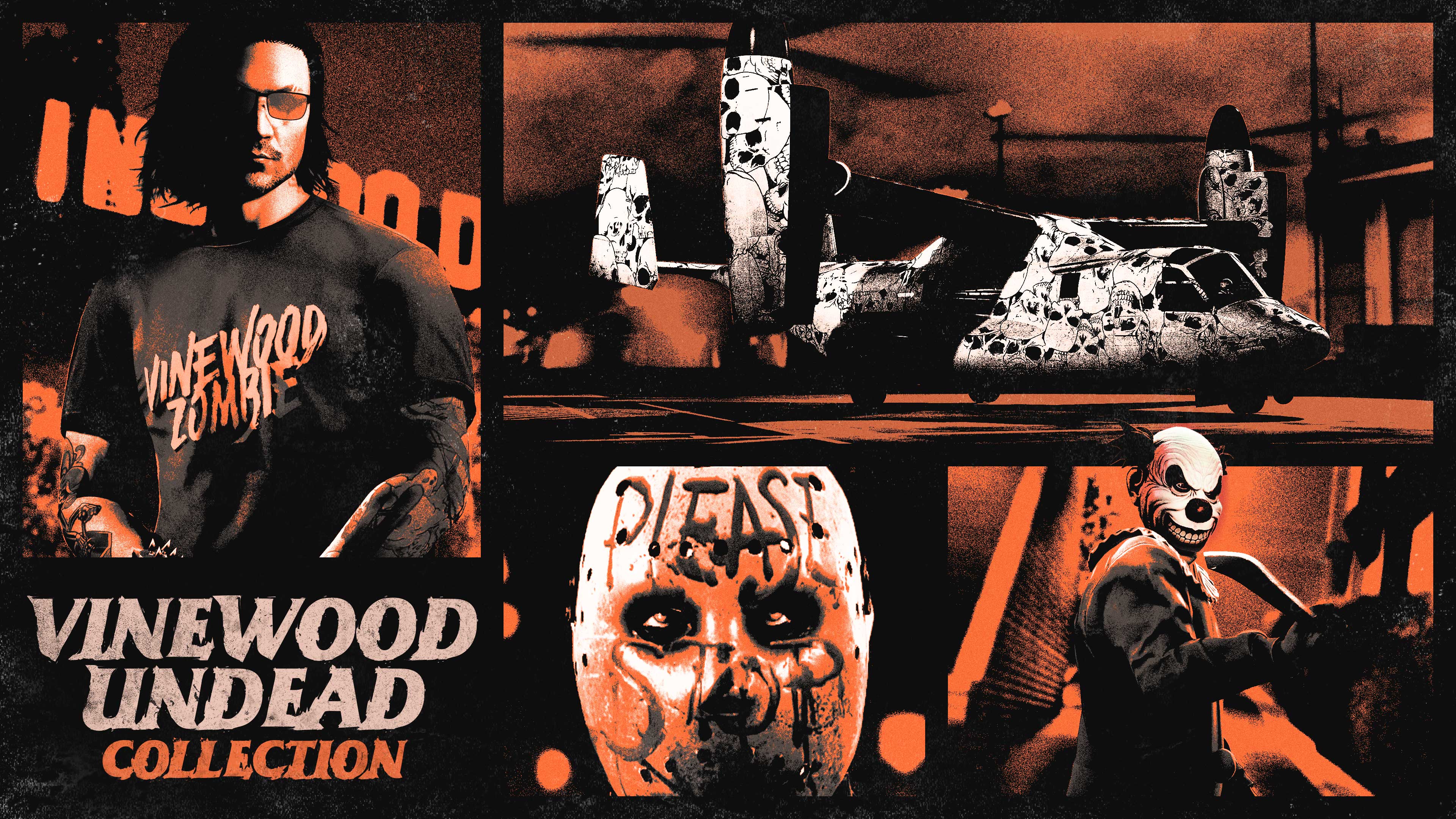 The Vinewood Undead Collection poster featuring Ripper Clown Costume, Please Stop Me Mask, Vinewood Zombie T-Shirt, and Skulls Livery for Mammoth Avenger.
