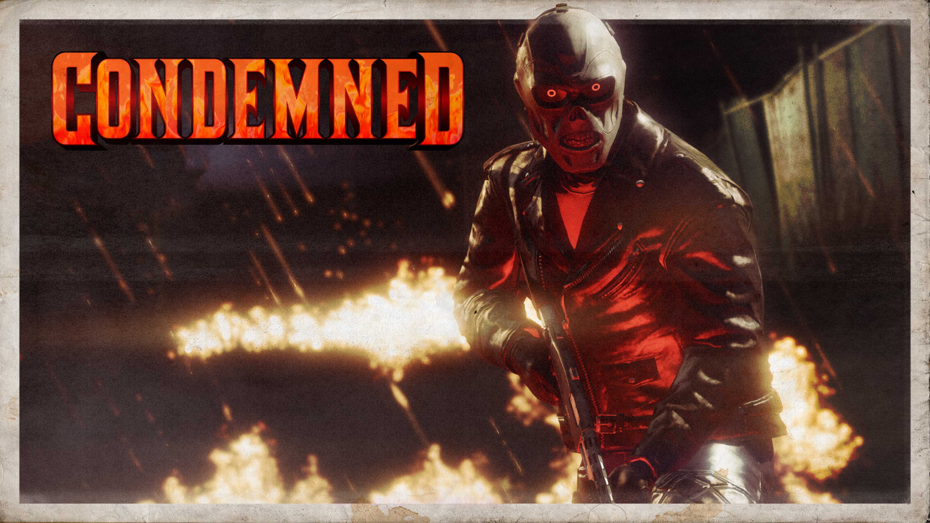 Condemned poster featuring a masked character in leather surrounded by flames wielding a rifle.