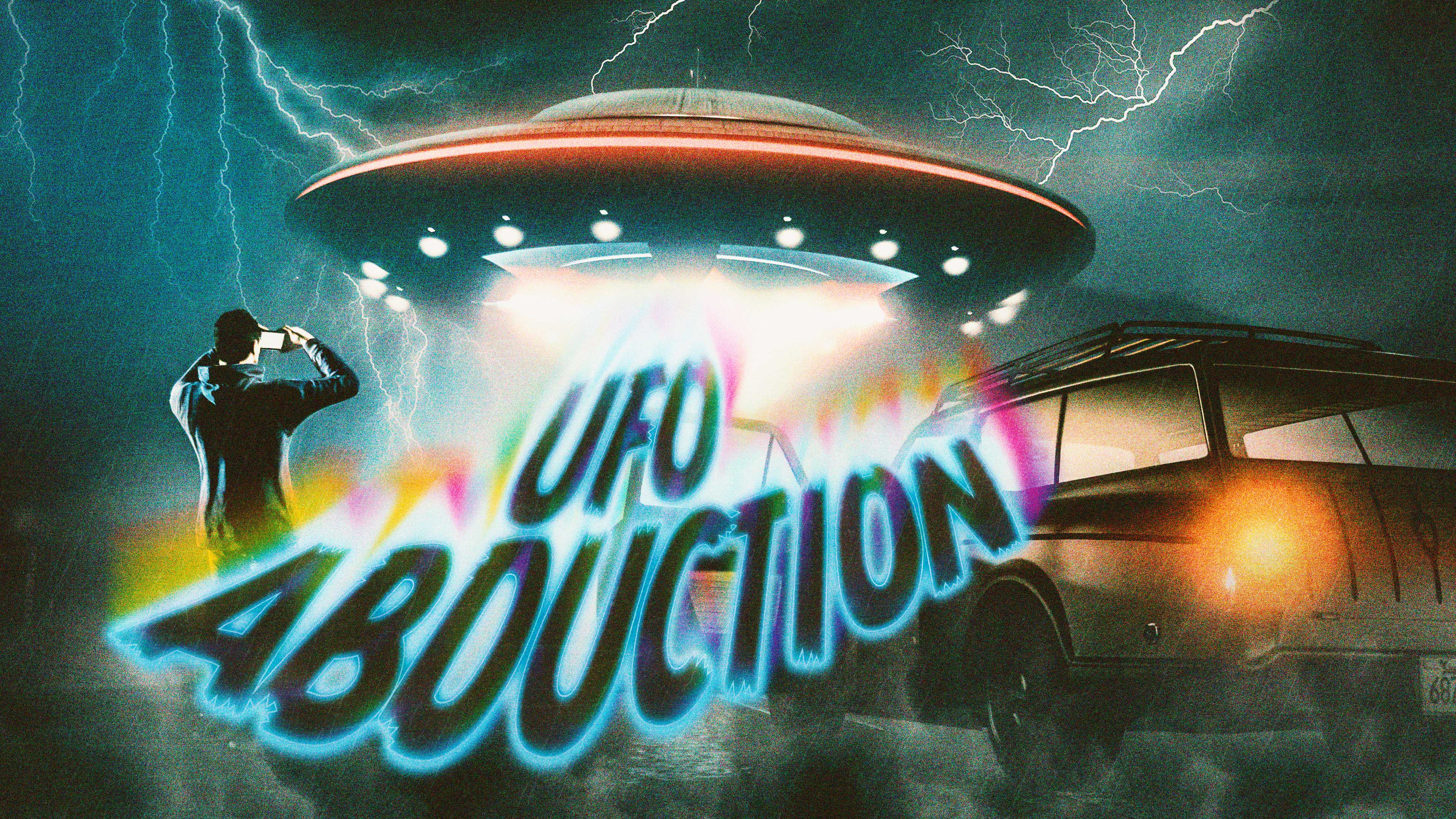 Alien Abduction poster featuring a GTA Online character photographing a luminous UFO.