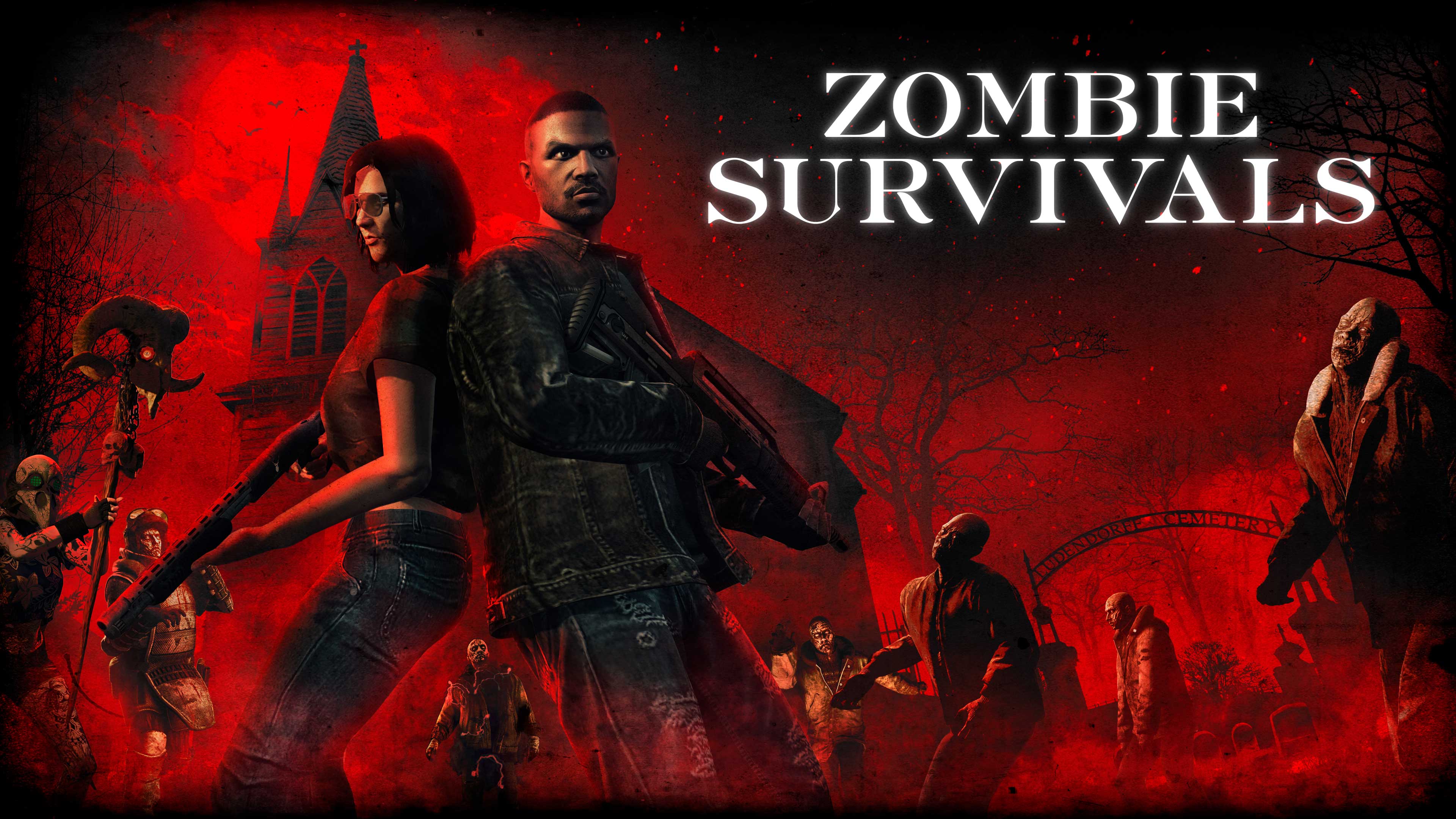 Zombie Survival poster showing two armed characters back-to-back as a horde of undead approaches them.