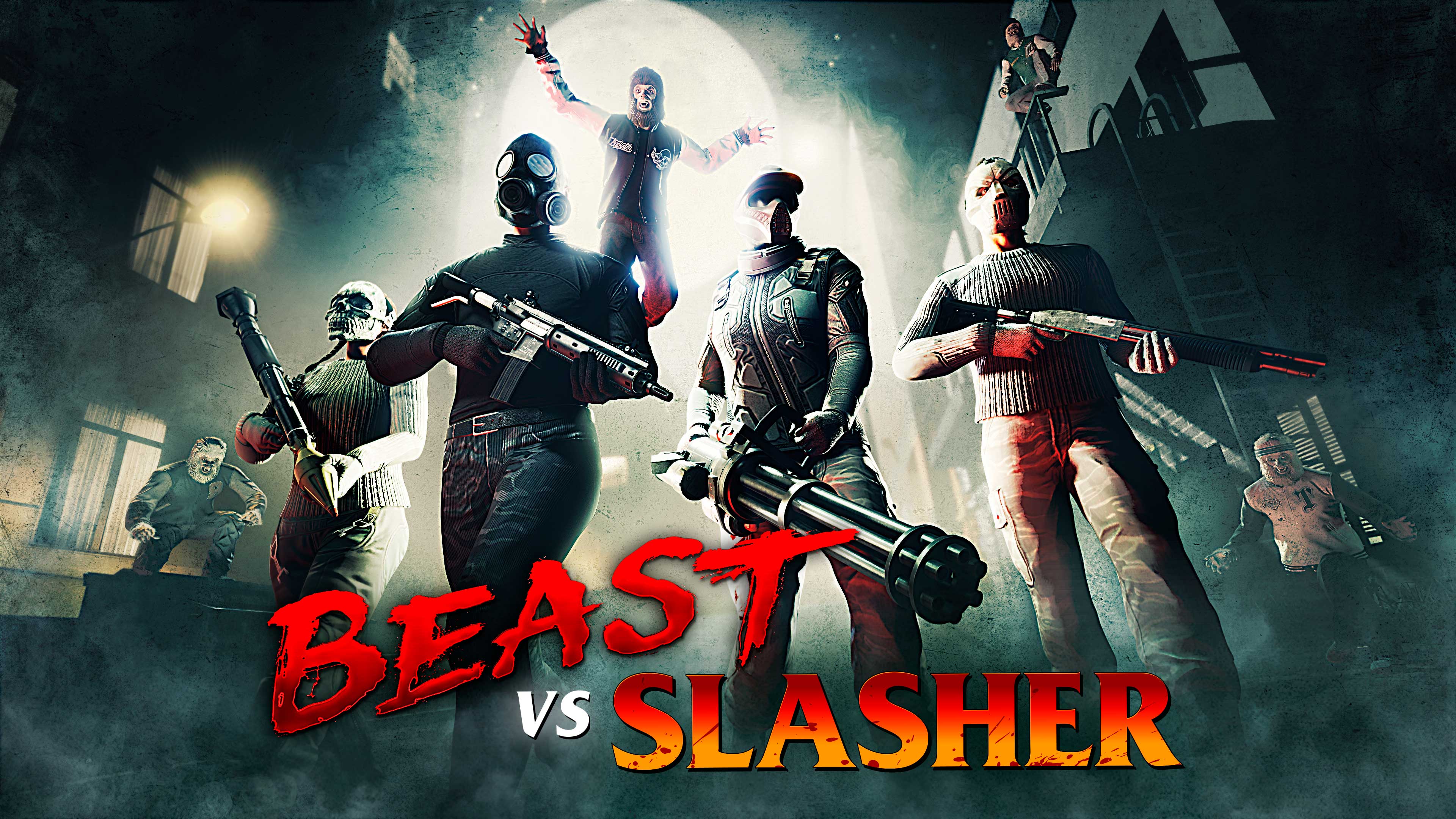 Beasts vs. Slashers poster featuring multiple characters in gruesome outfits.