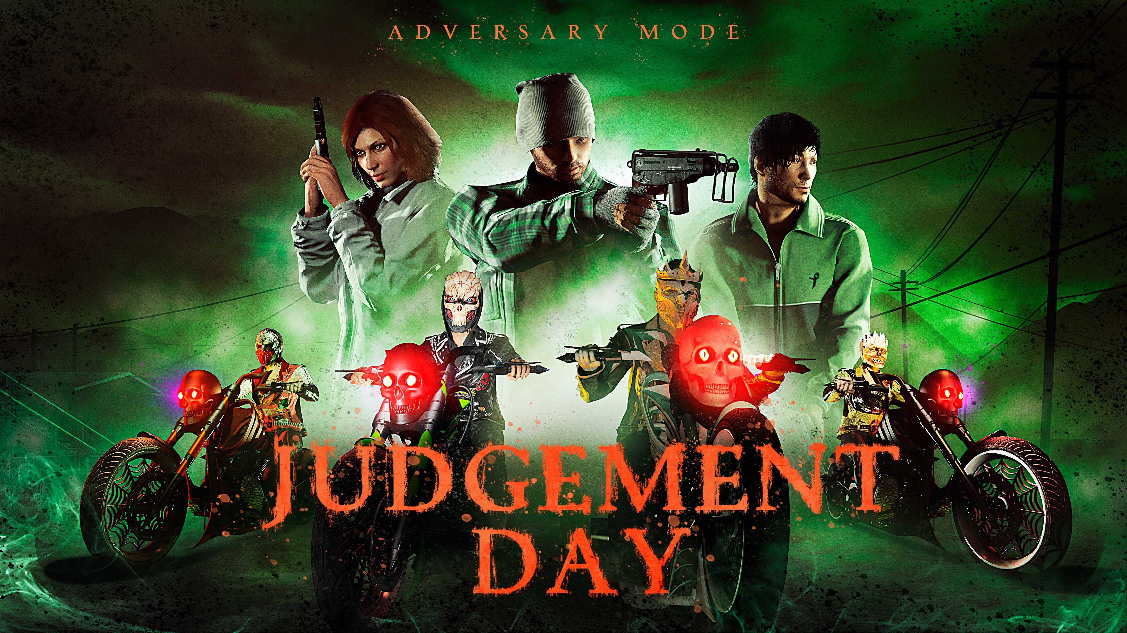 Judgment Day Adversary Mode poster featuring three armed characters above a scene depicting four skull-faced bikers with red eyes.