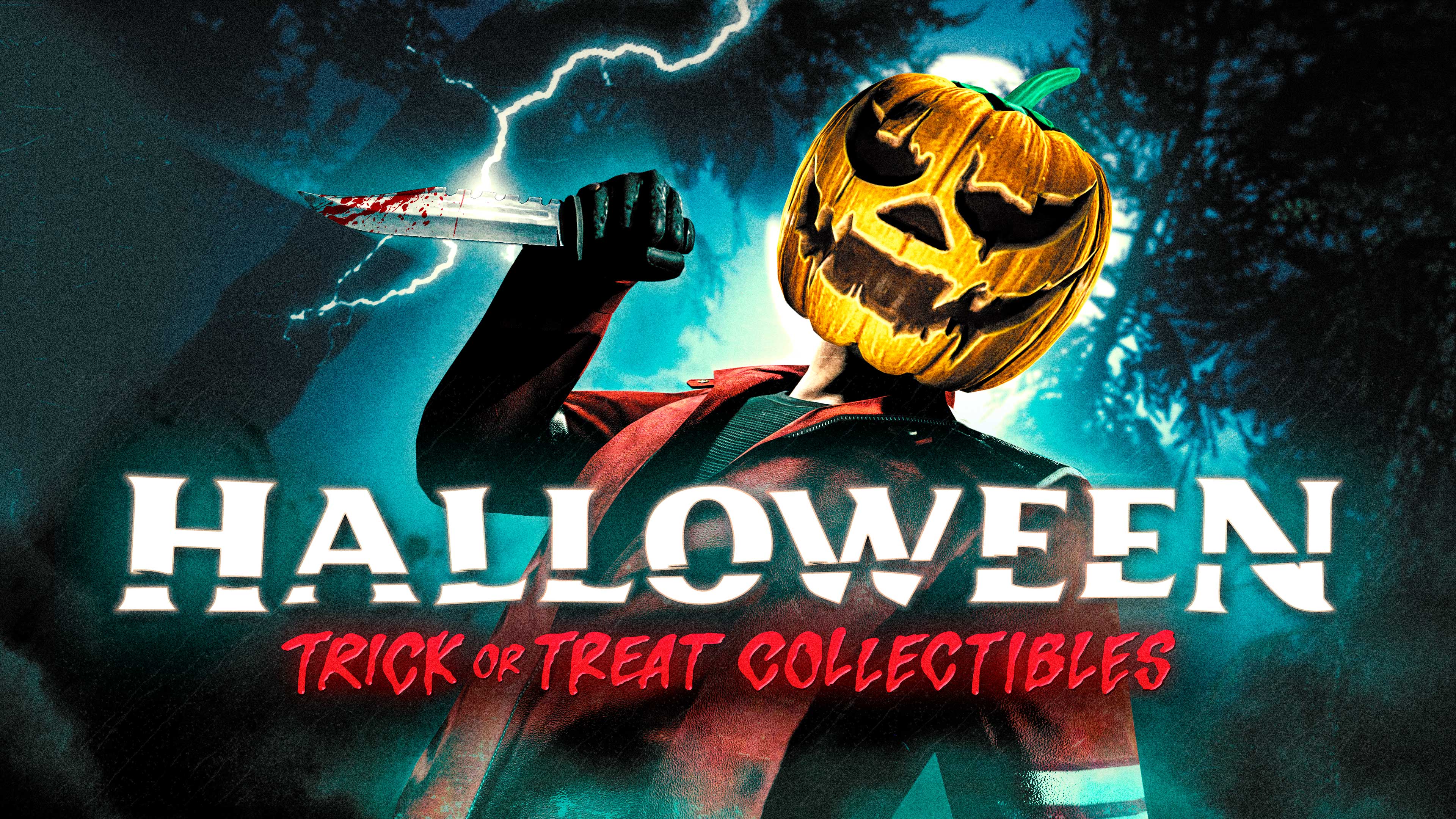 Trick or Treat collectibles poster featuring a character wielding a knife and a pumpkin head helmet.