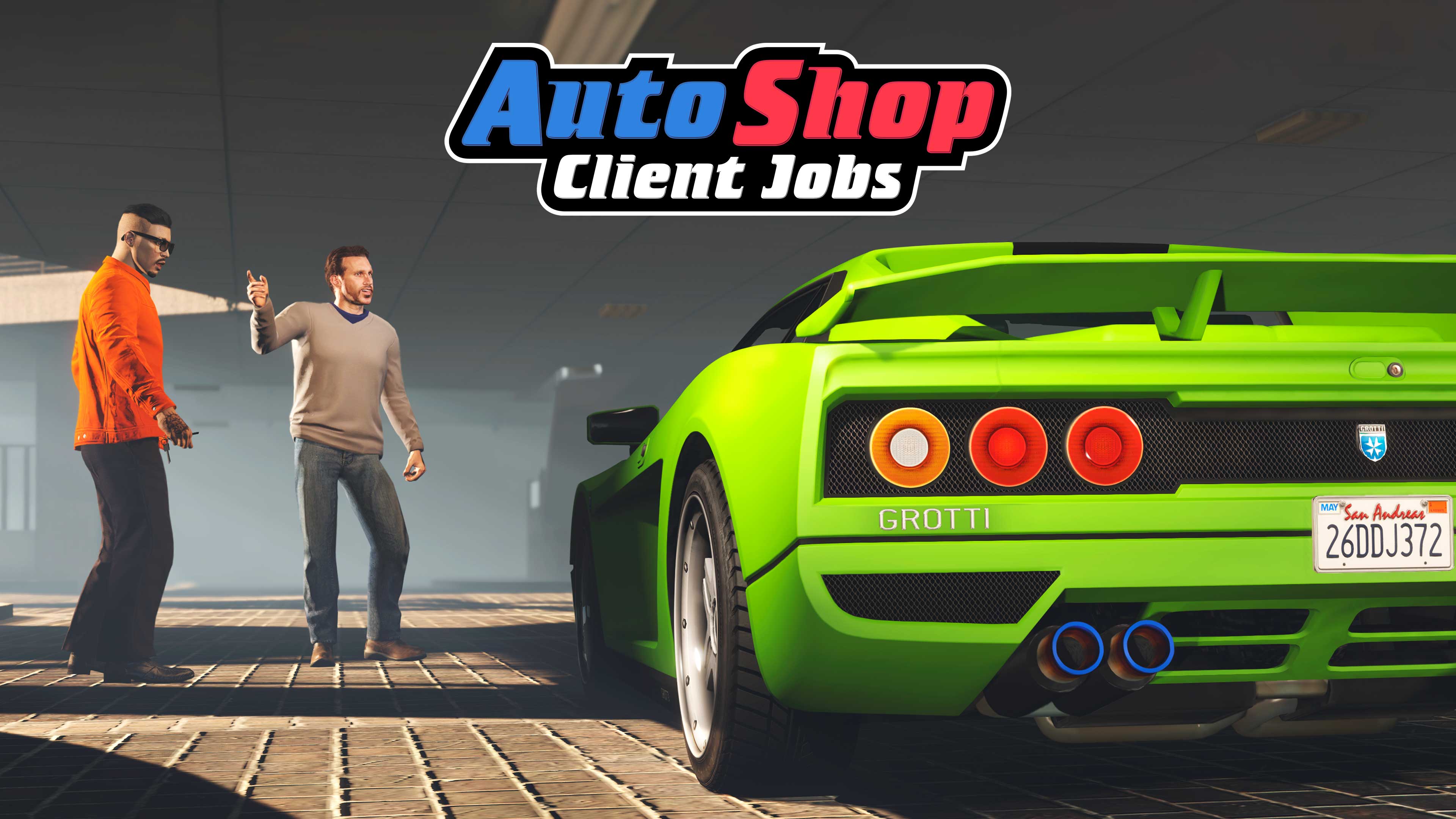 Imagem de Serviços de Cliente da Oficina de Tuning com dois personagens admirando um veículo modificado.