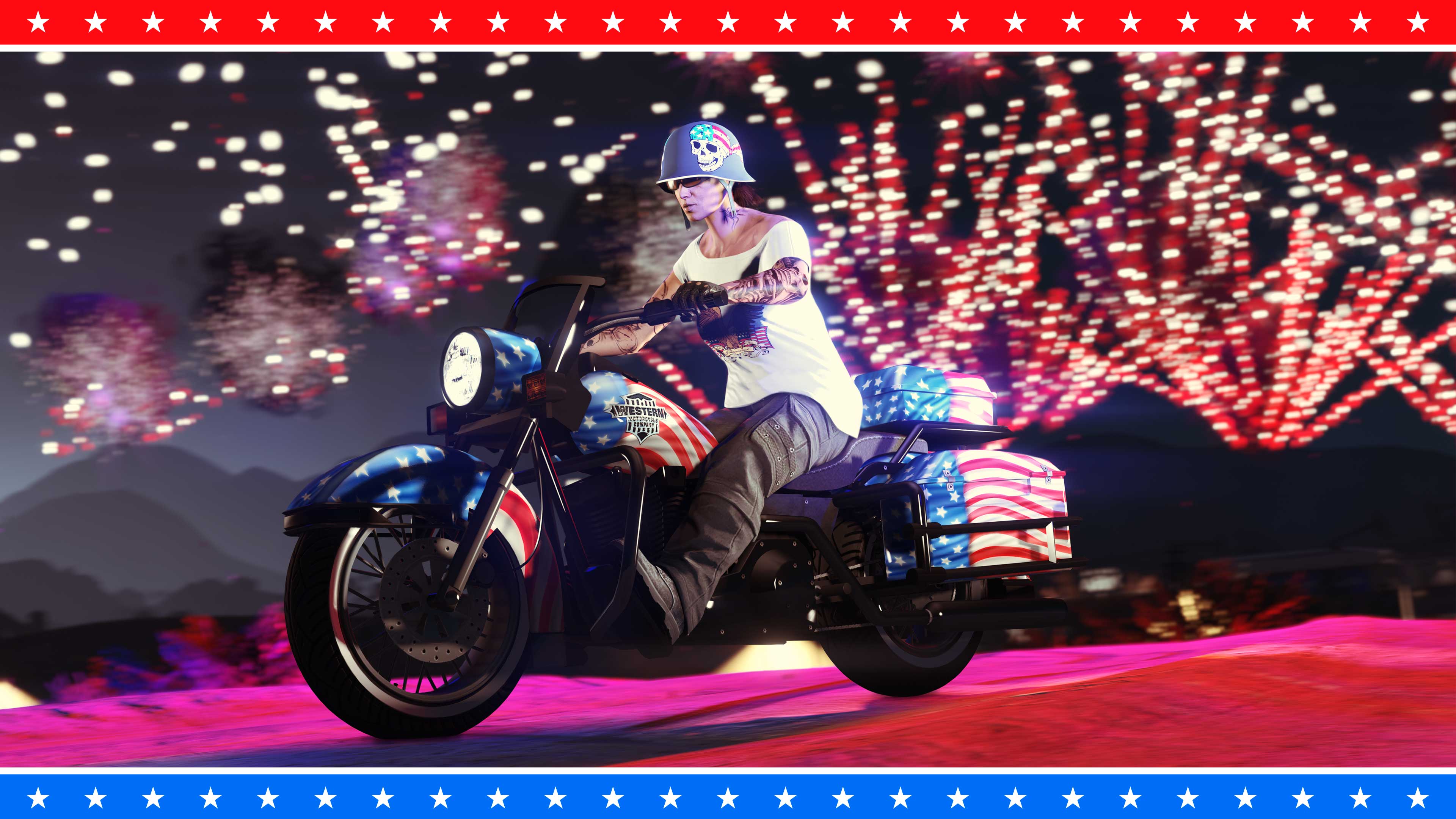 Um personagem conduzindo uma Western Sovereign com a estampa do Dia da Independência e fogos de artifício explodindo ao fundo.