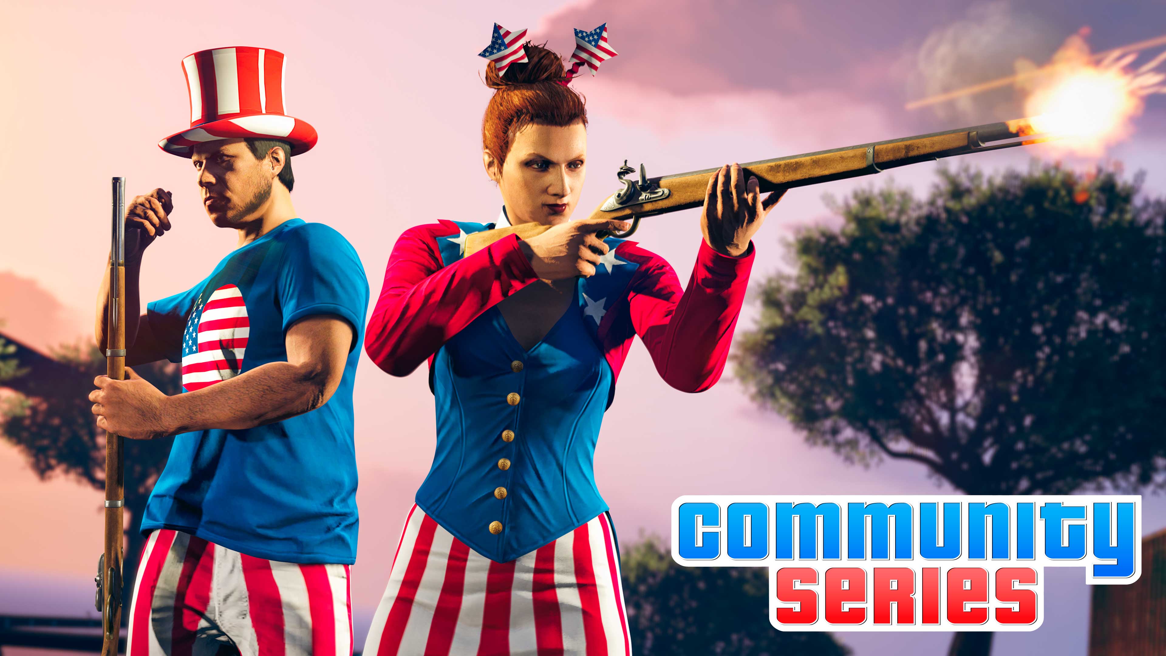 Imagem da Comunidade em Série com dois personagens lado a lado armados com Mosquetes e usando peças de vestuário patriotas em vermelho, branco e azul.