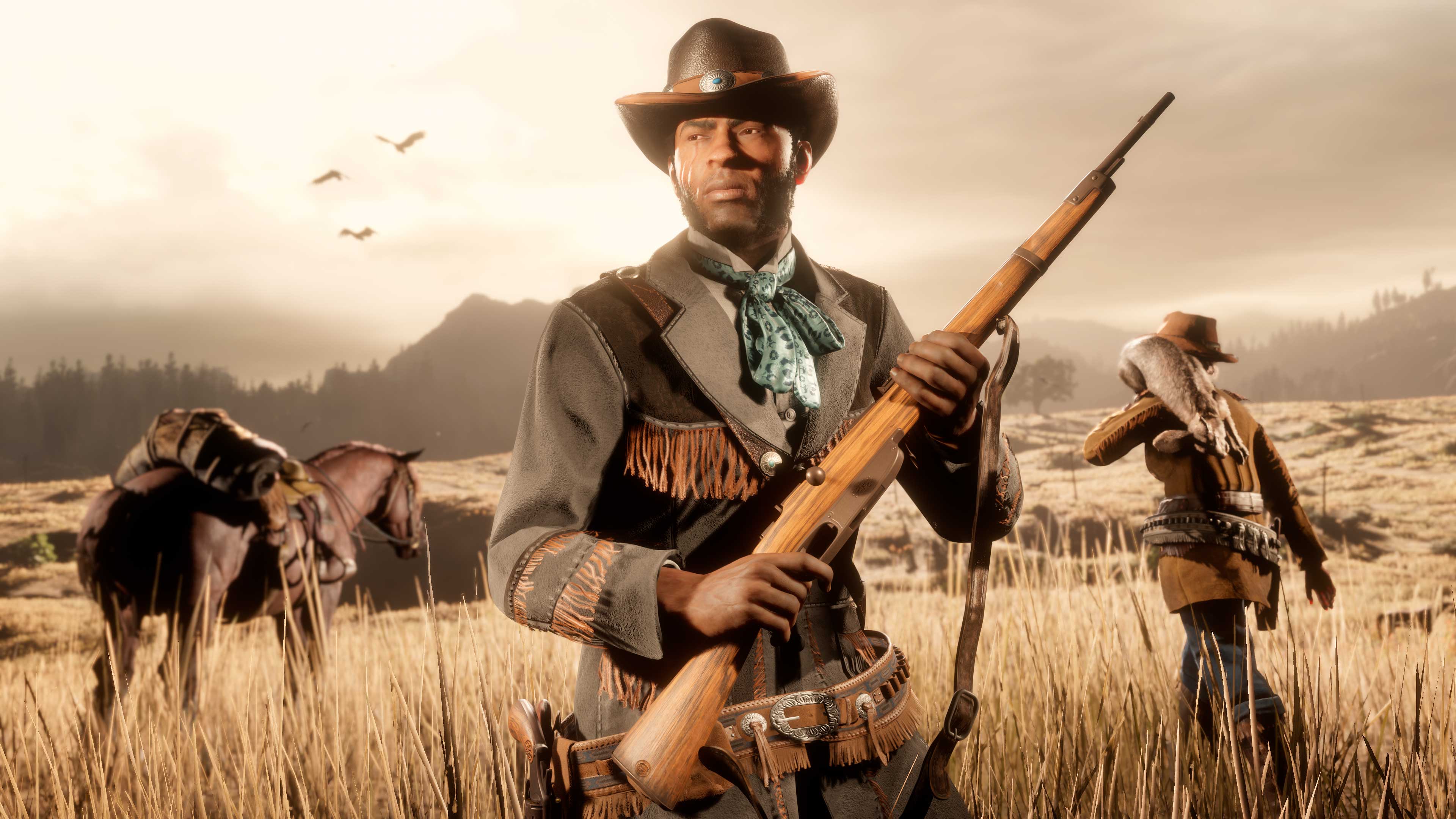 Dois personagens em um campo aberto. Um está segurando um rifle e o outro está caminhando em direção a um cavalo enquanto carrega uma pele enrolada.