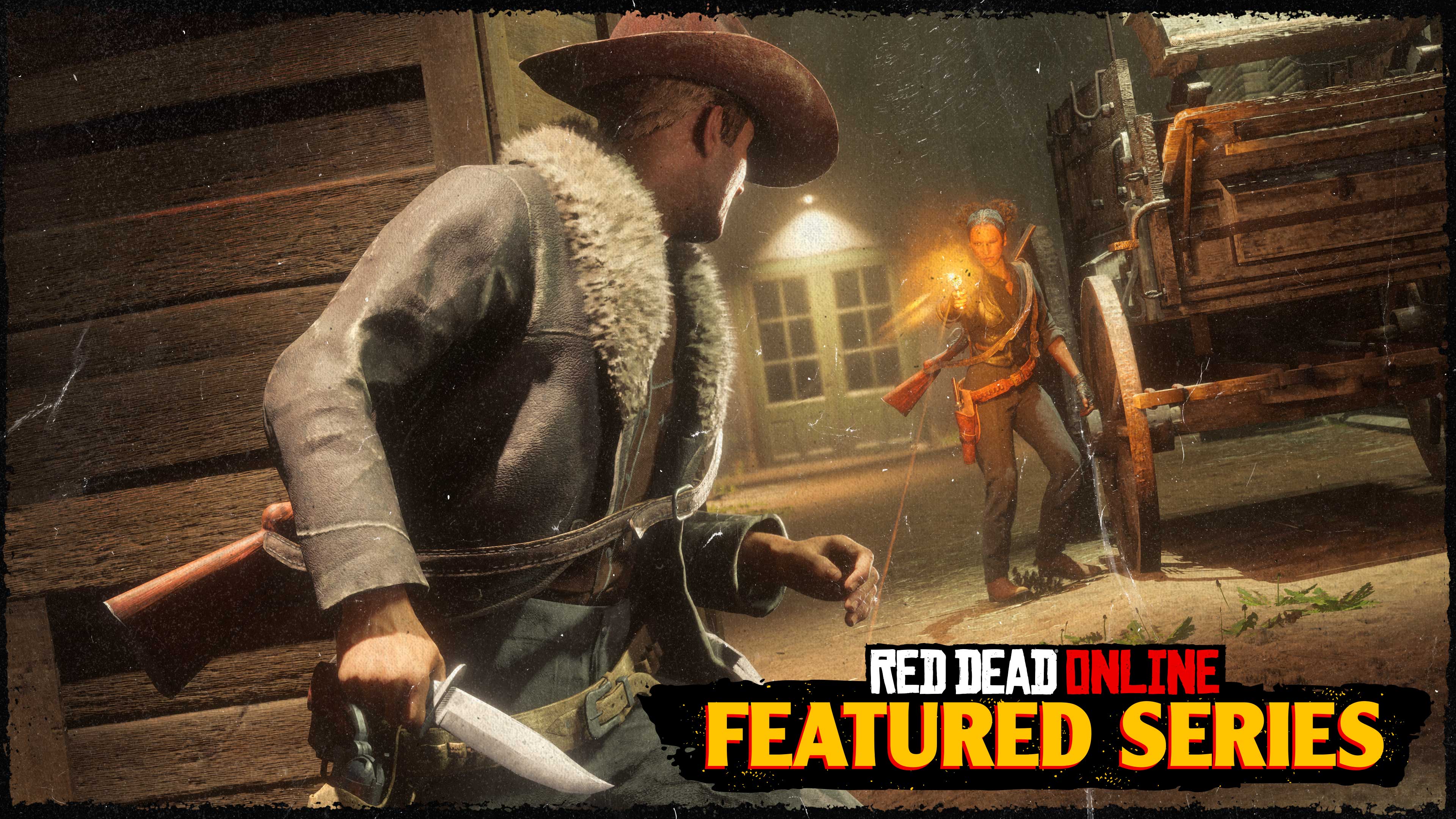 Pôster da Série em Destaque no Red Dead Online com um personagem em cobertura segurando uma faca enquanto outro atira nele.