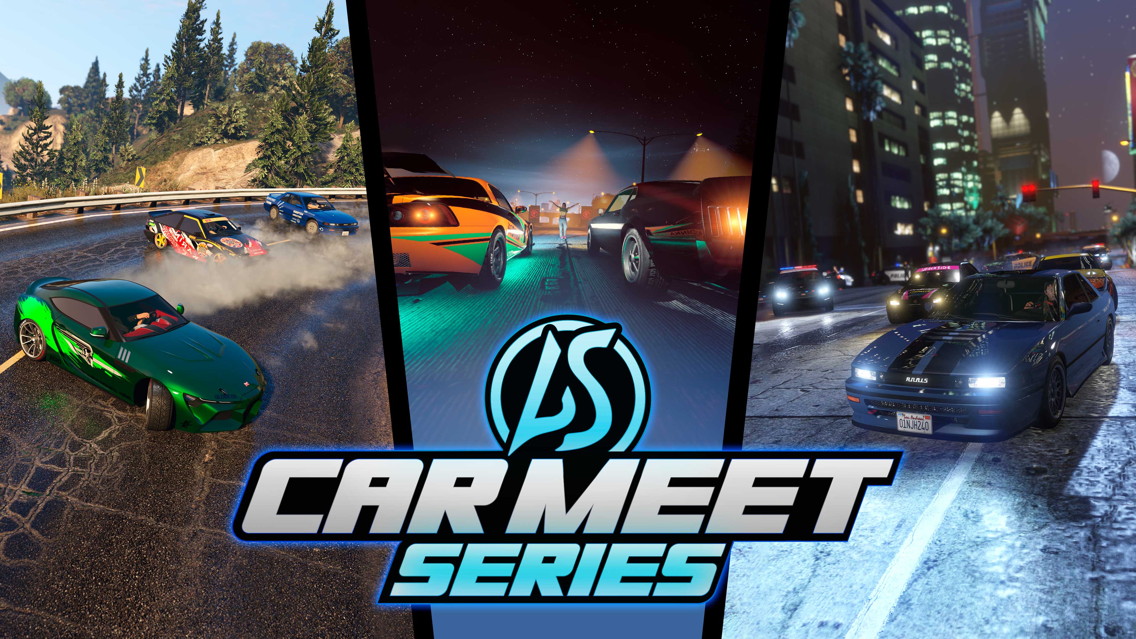 Imagem do Evento de Carros LS em Série com três quadros exibindo cenas de drift, rachas e corridas de rua.