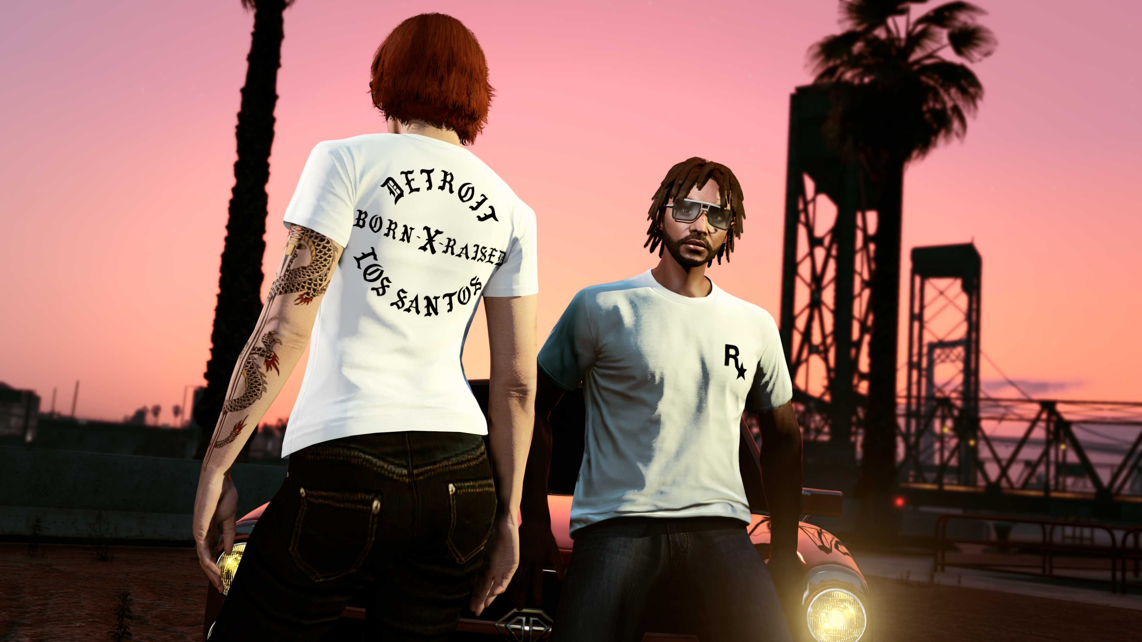 Personagens no GTA Online usando a camiseta Born x Raised branca