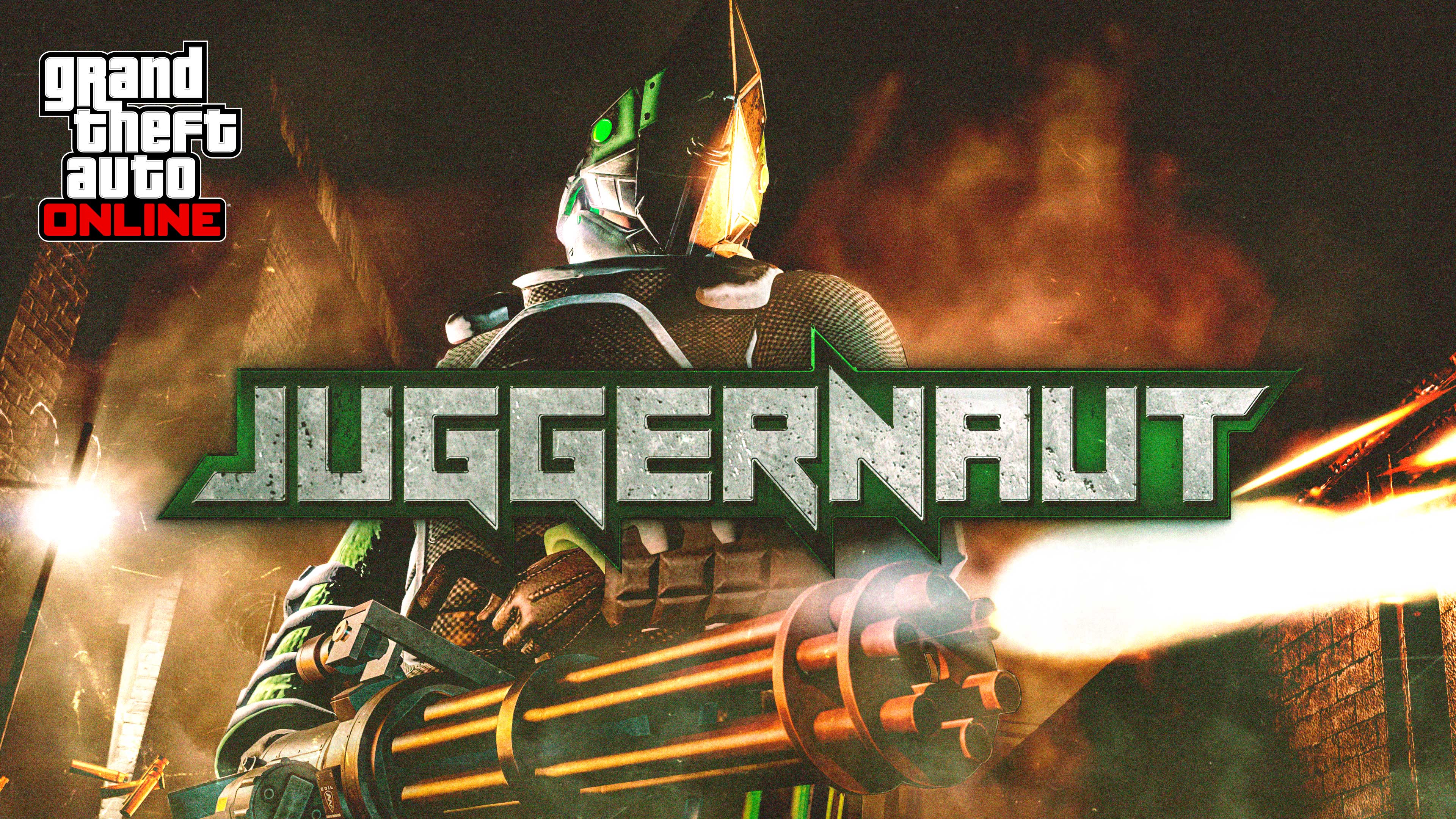 Pôster do evento de Juggernaut com personagem de armadura blindada com capacete pontudo disparando uma minigun.